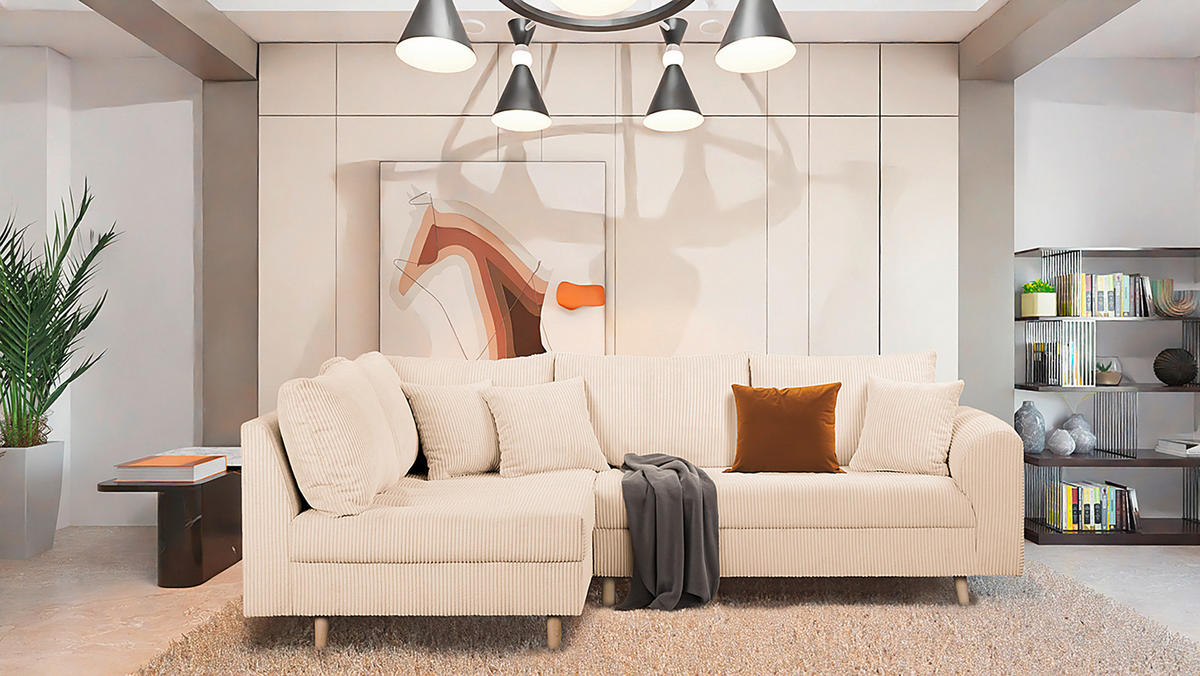 ECKSOFA inkl. Hocker Ariella Creme Cord  - Creme/Naturfarben, Design, Holz/Textil (161/231cm) - Livetastic