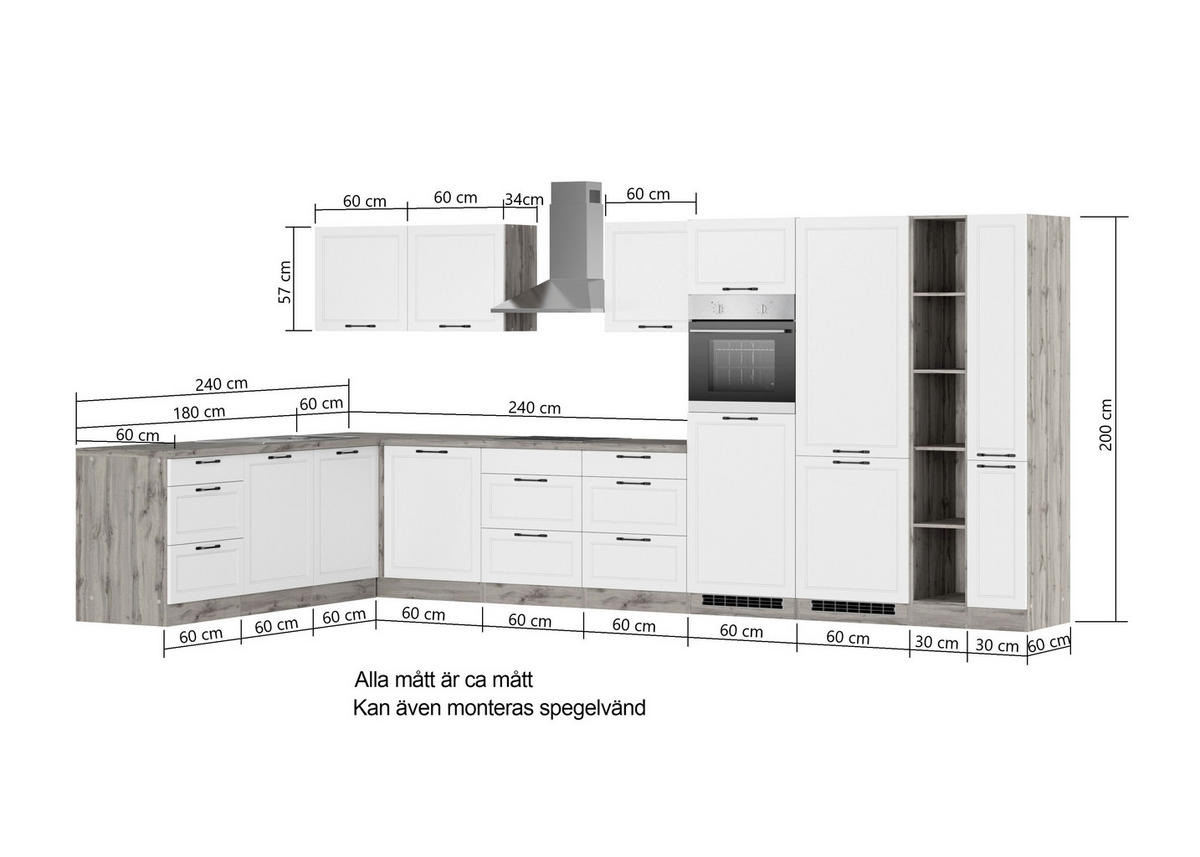 HÖRNKÖK 240/420 cm  i vit, ek Wotan  - vit/ek Wotan, Lifestyle, metall/trämaterial (240/420cm) - Held