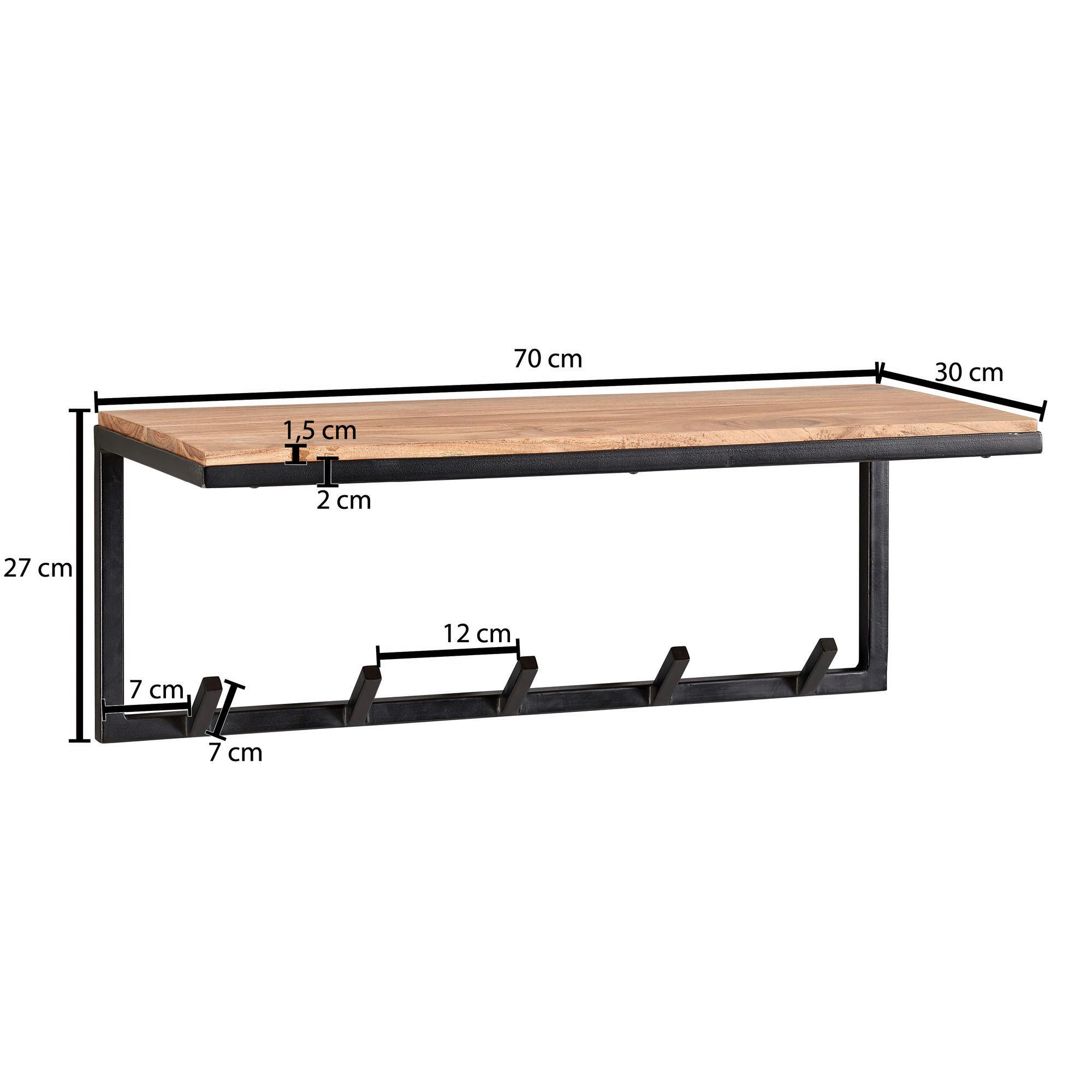 Thumbnail - Mid.you Wandgarderobe, Akazie, Holz, Metall, Akazie, massiv, 70x27x30 cm, Hutablage, Garderobe, Garderobenleisten & Gard...
