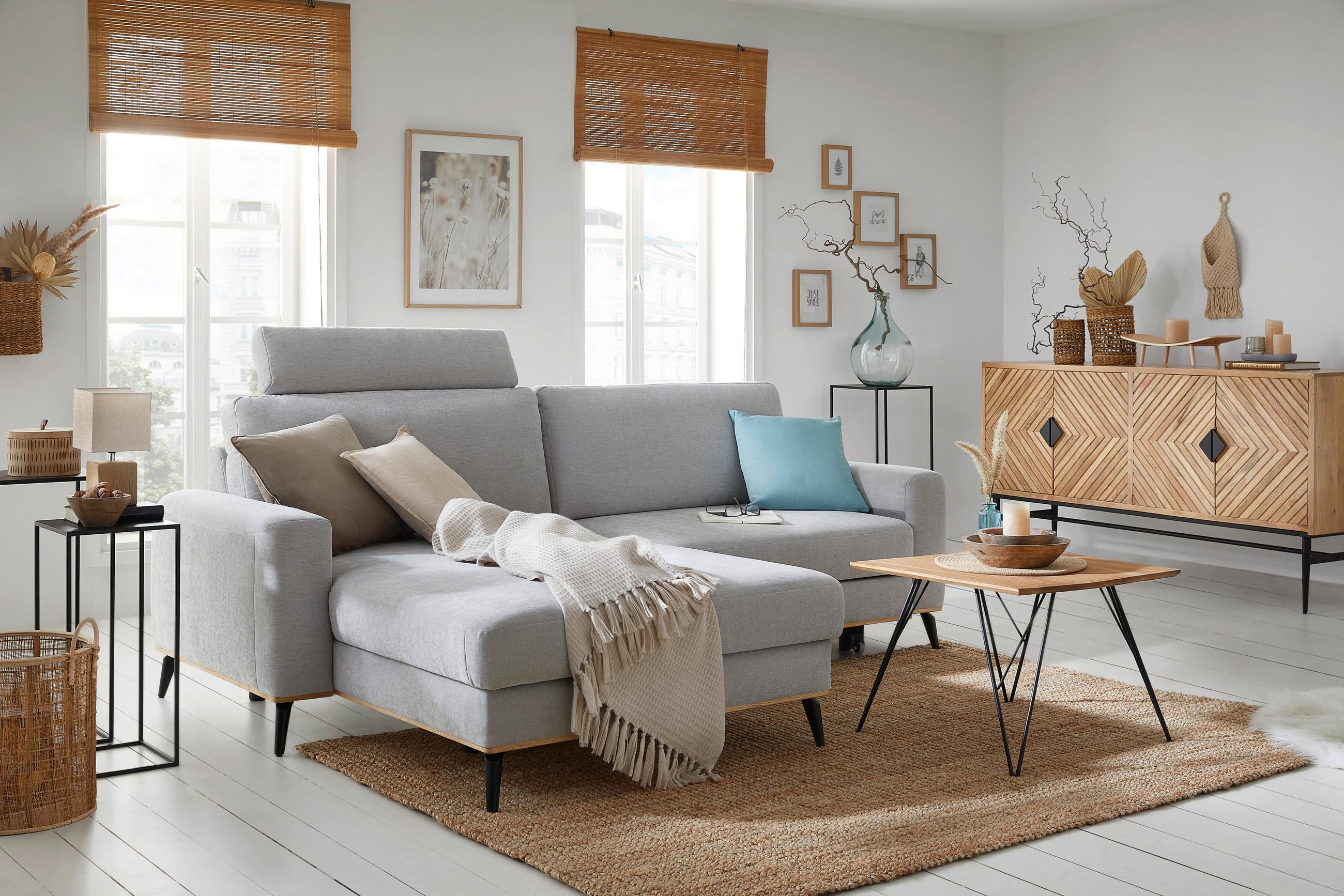 ECKSOFA Chenille Hellgrau  - Hellgrau/Schwarz, Konventionell, Holz/Textil (167/87/234cm) - MID.YOU