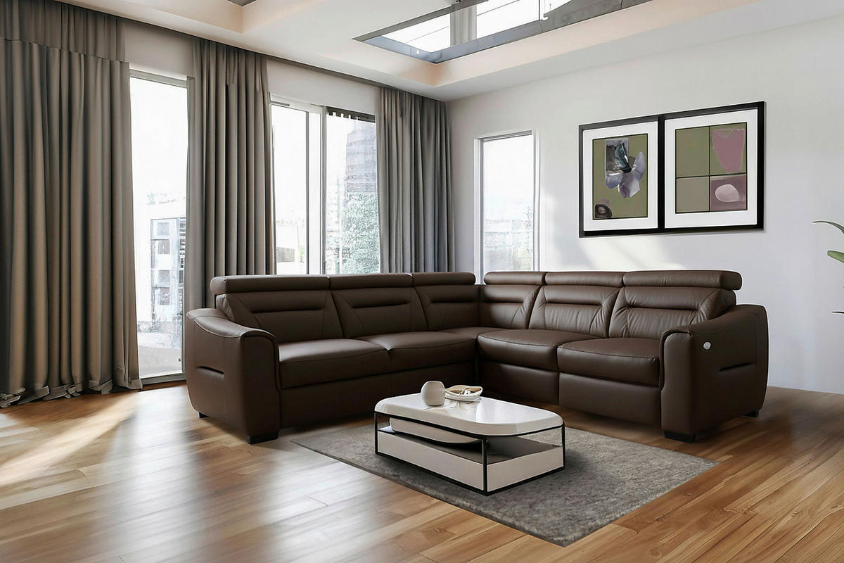ECKSOFA Dunkelbraun Echtleder Lederlook Schlaffunktion, Rücken echt, Relaxfunktion, Kopfteilverstellung  - Wengefarben/Dunkelbraun, Design, Leder/Holz (260/260cm) - Celina Home