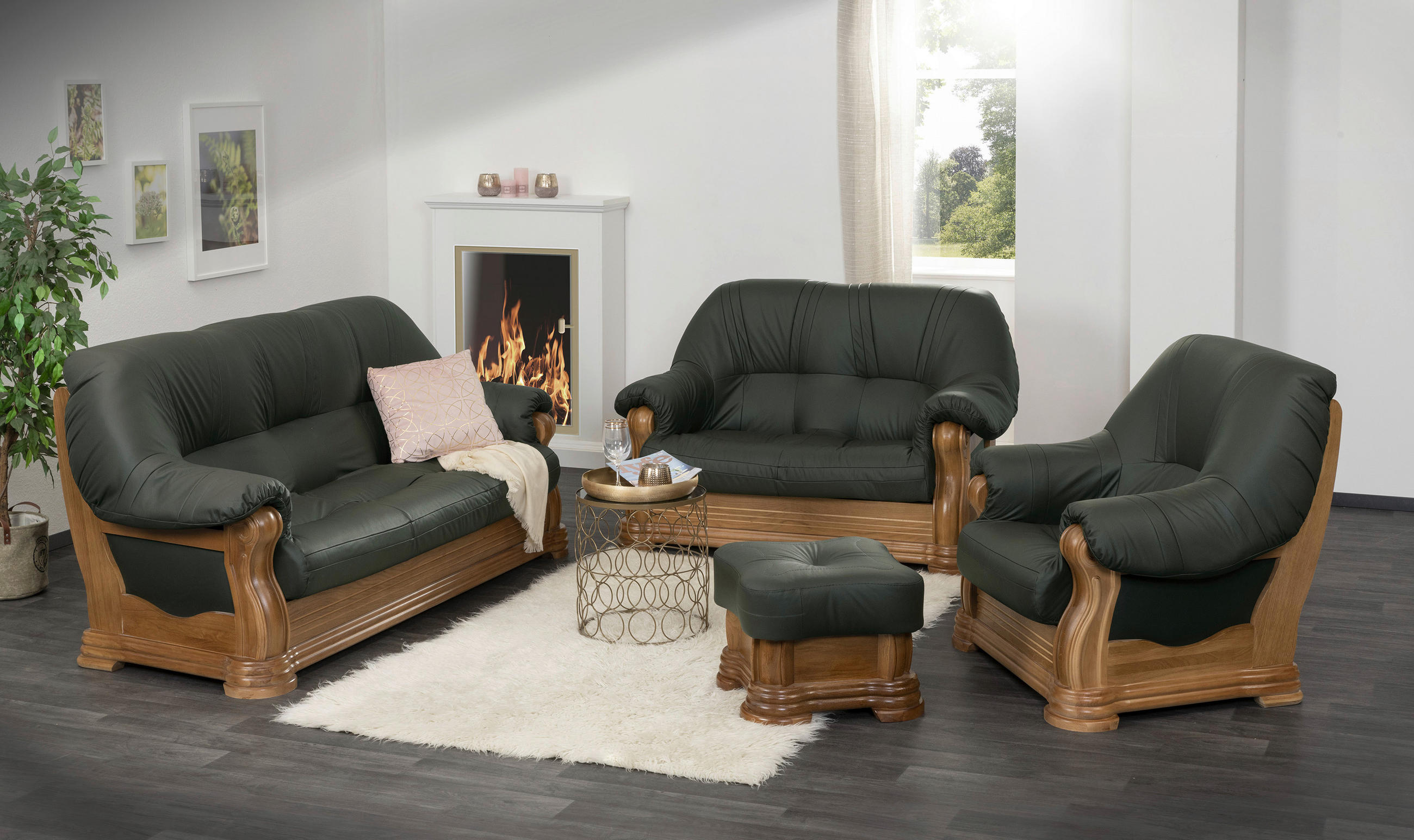 HOCKER Echtleder Eiche Dunkelgrün  - Dunkelgrün, KONVENTIONELL, Leder/Holz (50/40/50cm) - Max Winzer