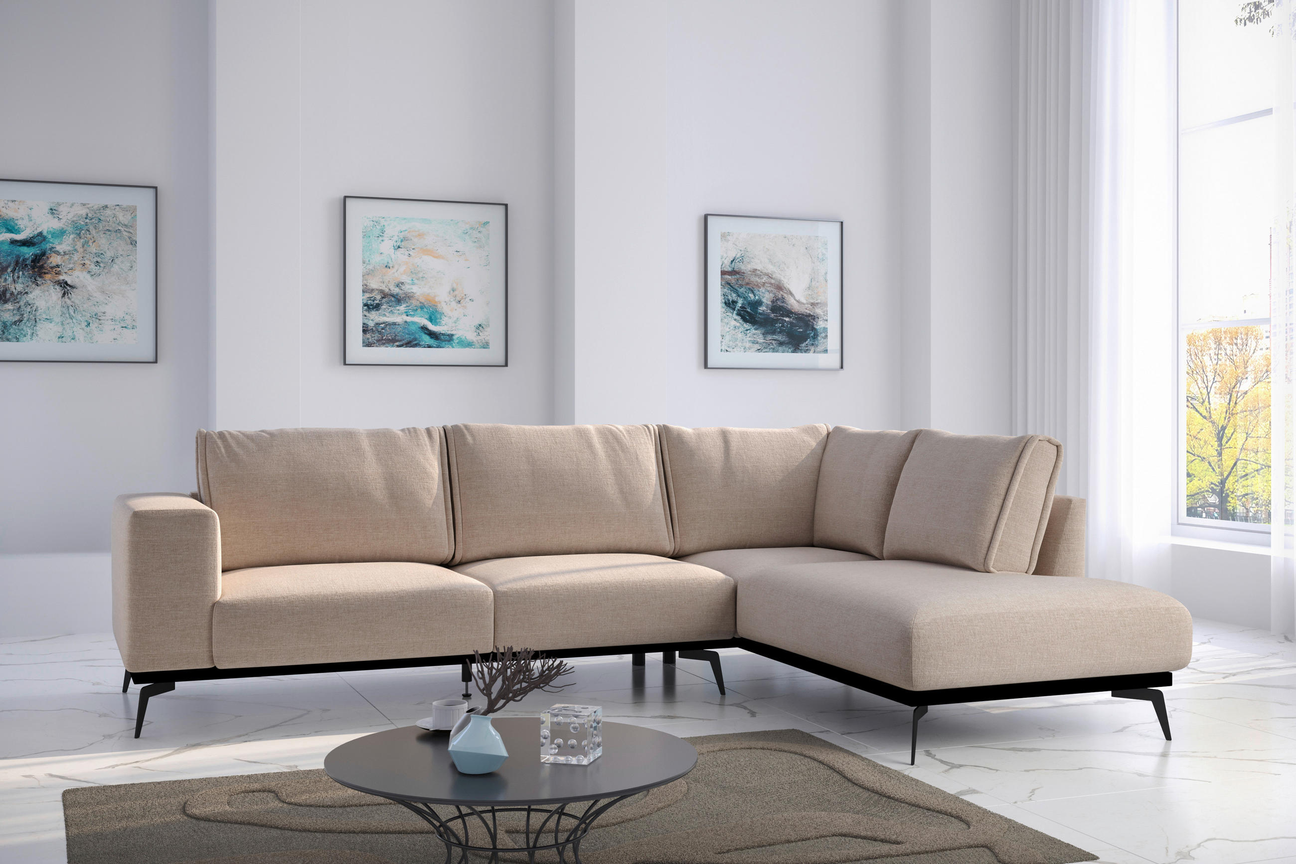 ECKSOFA in beflockt Beige  - Beige/Schwarz, Design, Holz/Textil (293/200cm) - MID.YOU