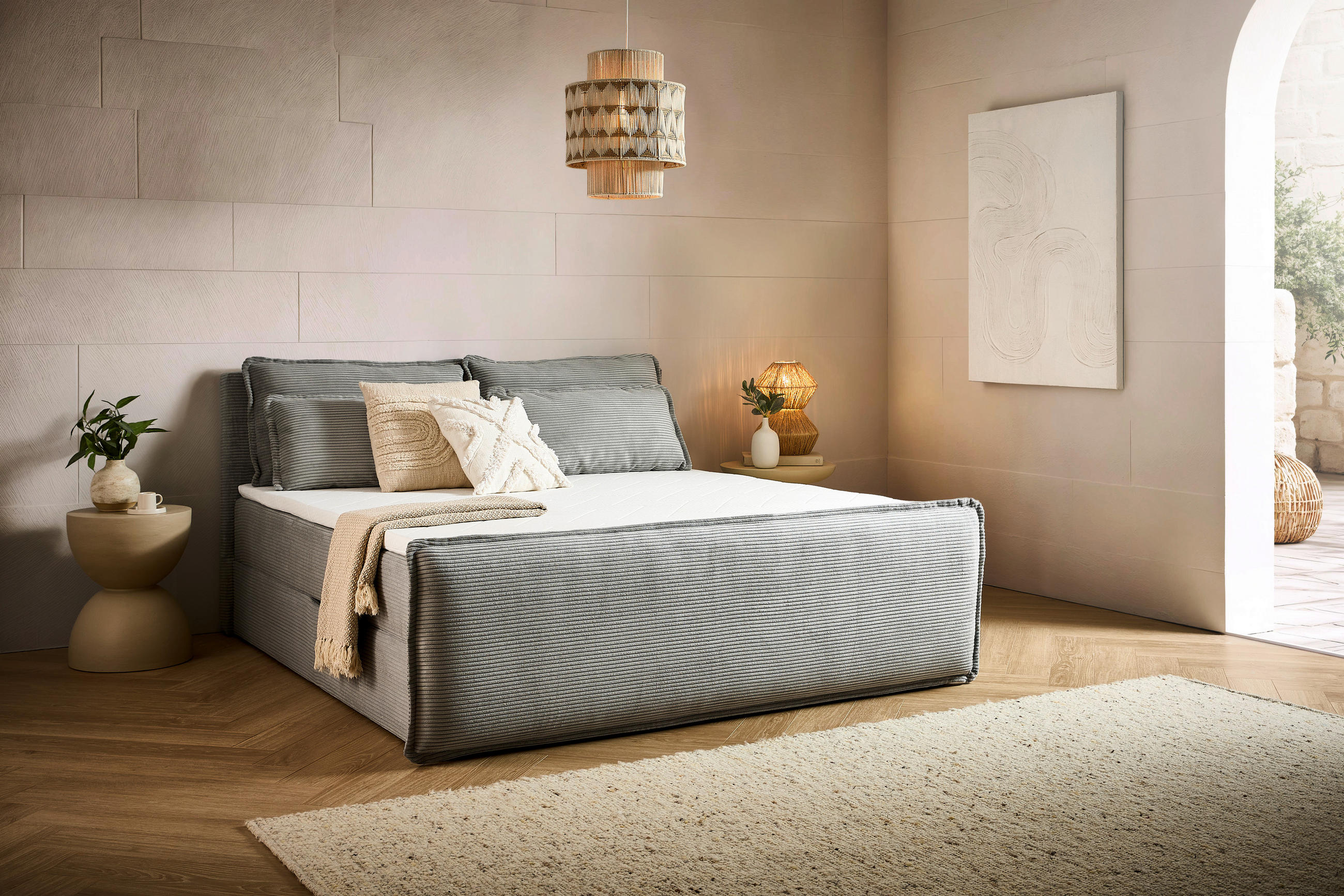 BOXBETT 180/200 cm,  in Hellgrau, Kissen, Bettkasten, Topper, H3 + H3 = fest  - Hellgrau/Schwarz, Design, Kunststoff/Textil (180/200cm) - Chameo