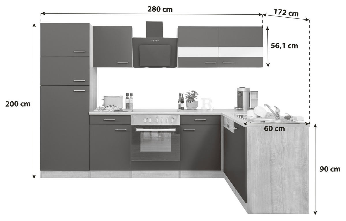 KÜCHENLEERBLOCK  280/172 cm  in Schwarz  - Edelstahlfarben/Eichefarben, Basics, Holzwerkstoff/Metall (280/172cm) - Respekta