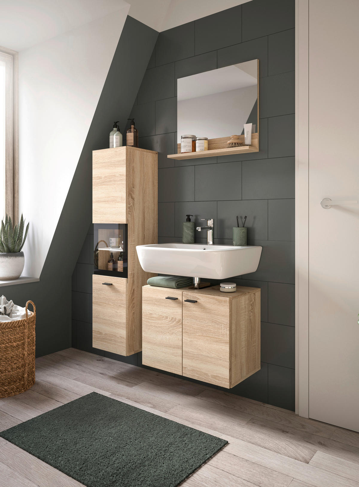 BADEZIMMER 3-teilig  in 87 cm  - Schwarz/Sonoma Eiche, MODERN, Glas/Holzwerkstoff (87cm) - MID.YOU