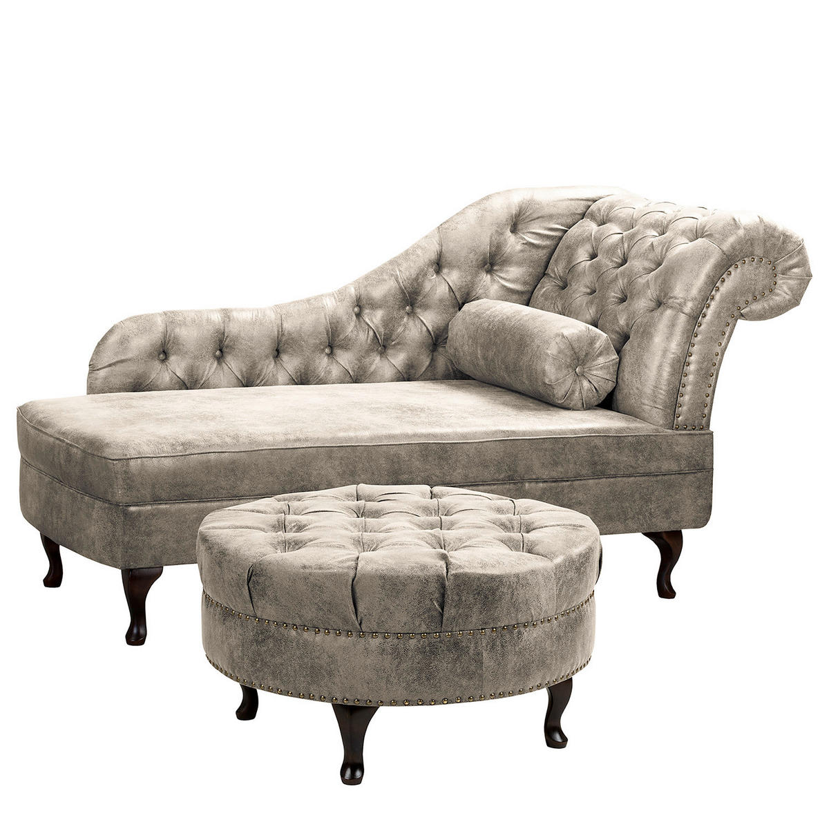 RÉCAMIERE Lederlook Hellgrau  - Hellgrau/Braun, Design, Holz/Textil (185/93/75cm) - Livetastic