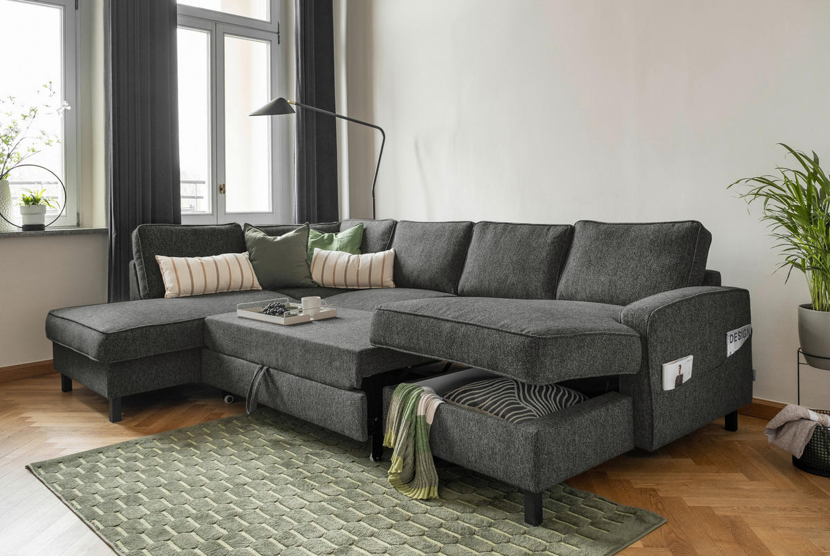 SEDACIA SÚPRAVA, textil, tmavosivá - čierna/tmavosivá, drevo/textil (198/298/148cm) - MID.YOU