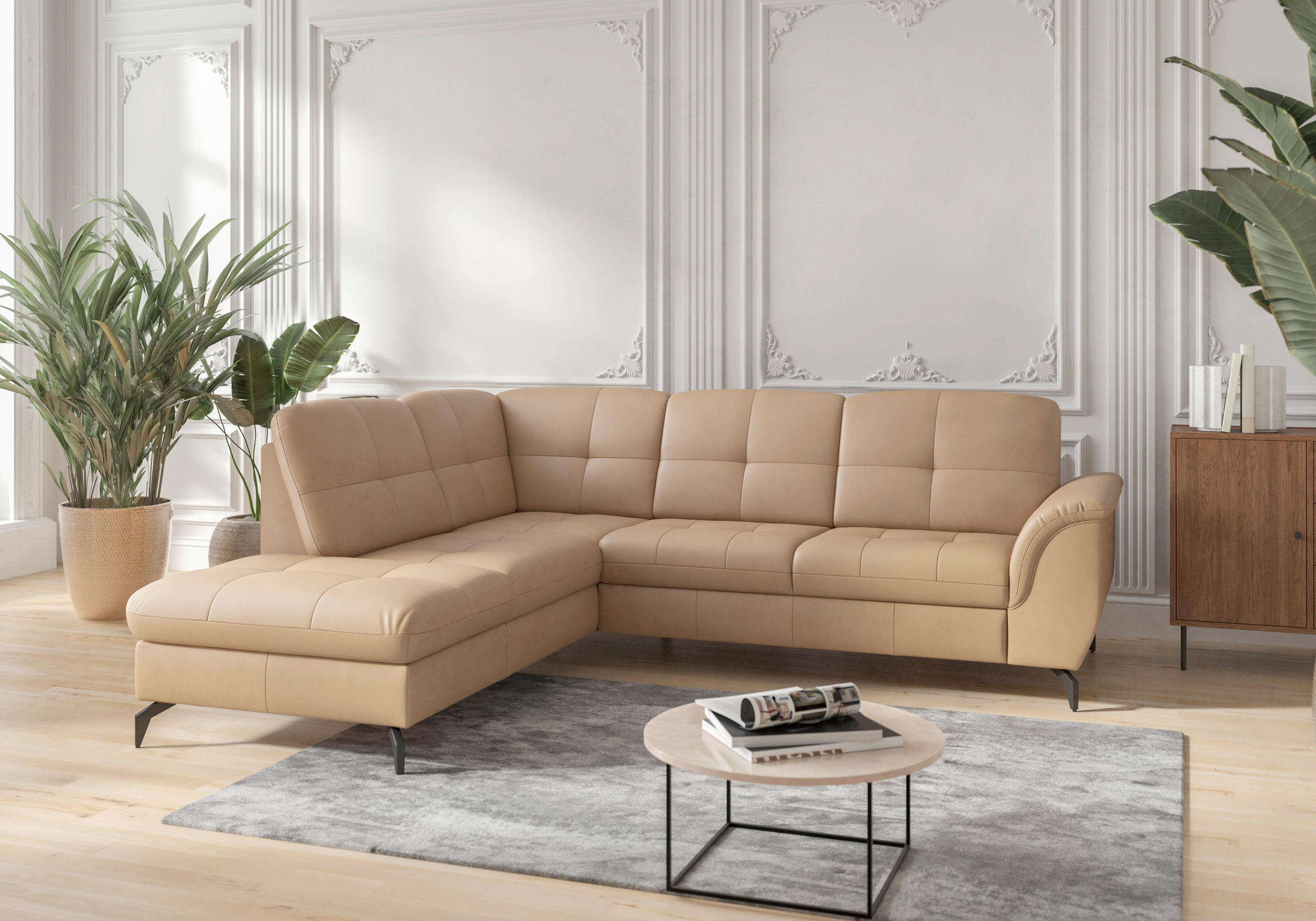 ECKSOFA in Vliesstoff Kombination Echtleder/Stoff Cappuccino  212/244 cm  - Schwarz/Cappuccino, MODERN, Leder/Textil (212/244cm) - Sit & More