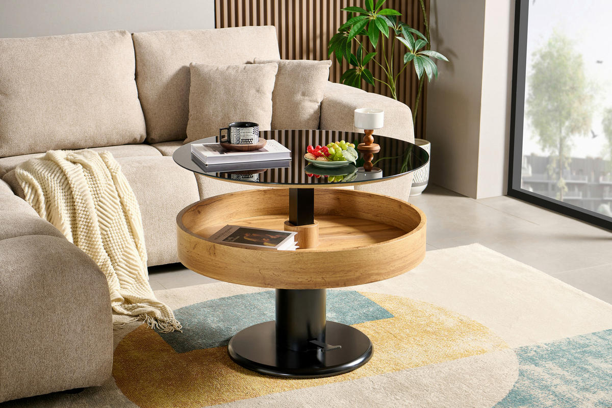 COUCHTISCH ESG 80/80/46 cm rund Schwarz, Eichefarben  - Eichefarben/Schwarz, Design, Glas/Holzwerkstoff (80/80/46cm) - MID.YOU