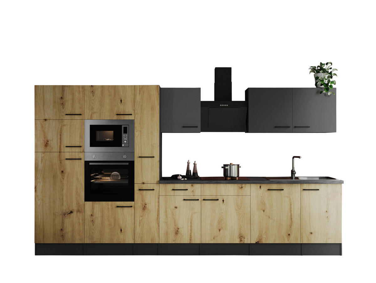 KÜCHENBLOCK 370 cm   in Grau, Eiche Artisan  - Schwarz/Eiche Artisan, Design, Holzwerkstoff/Metall (370cm) - Respekta