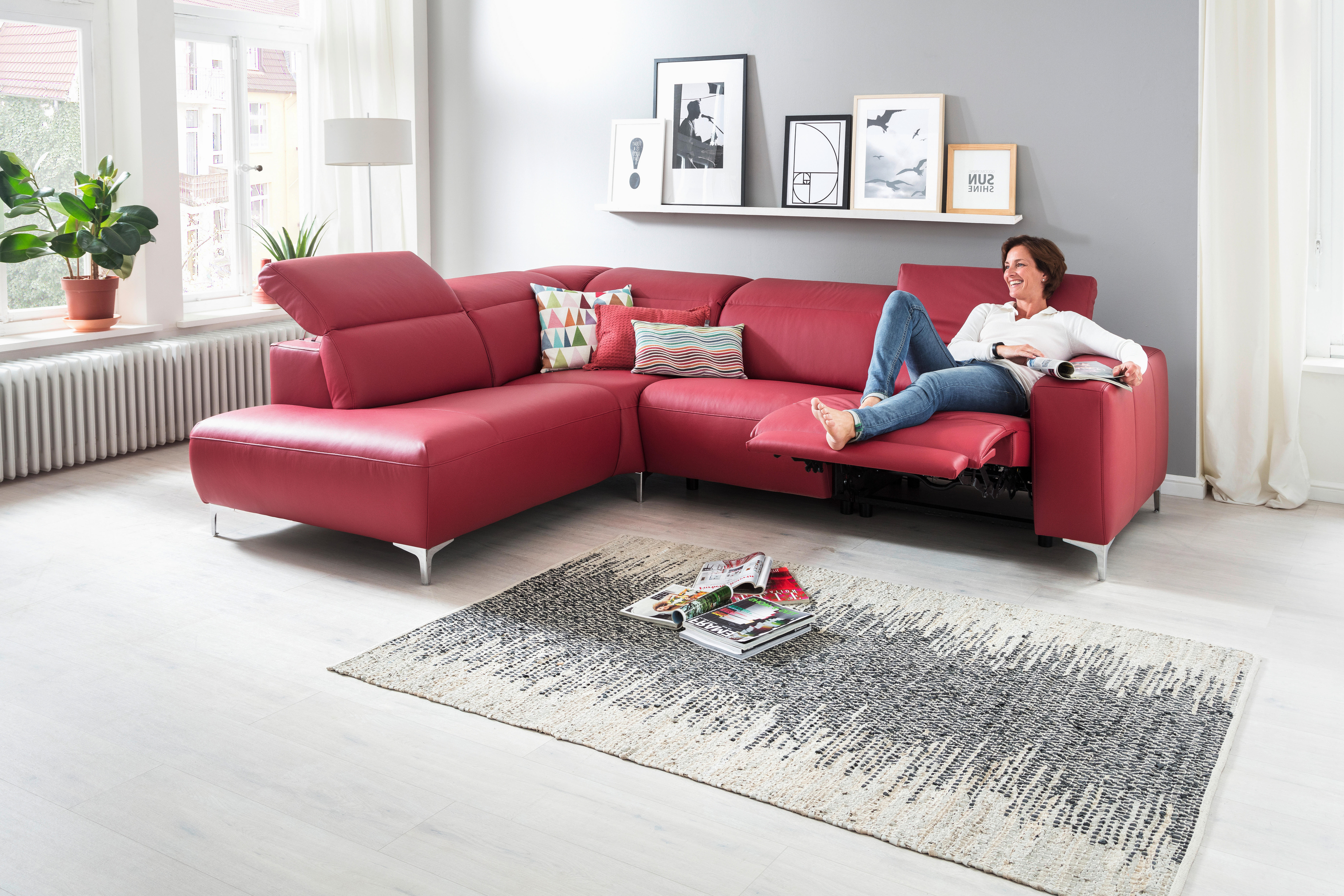 Wohnlandschaft inkl.Funktionen Rot Echtleder  - Chromfarben/Rot, Design, Leder/Metall (223/290cm) - Pure Home Lifestyle