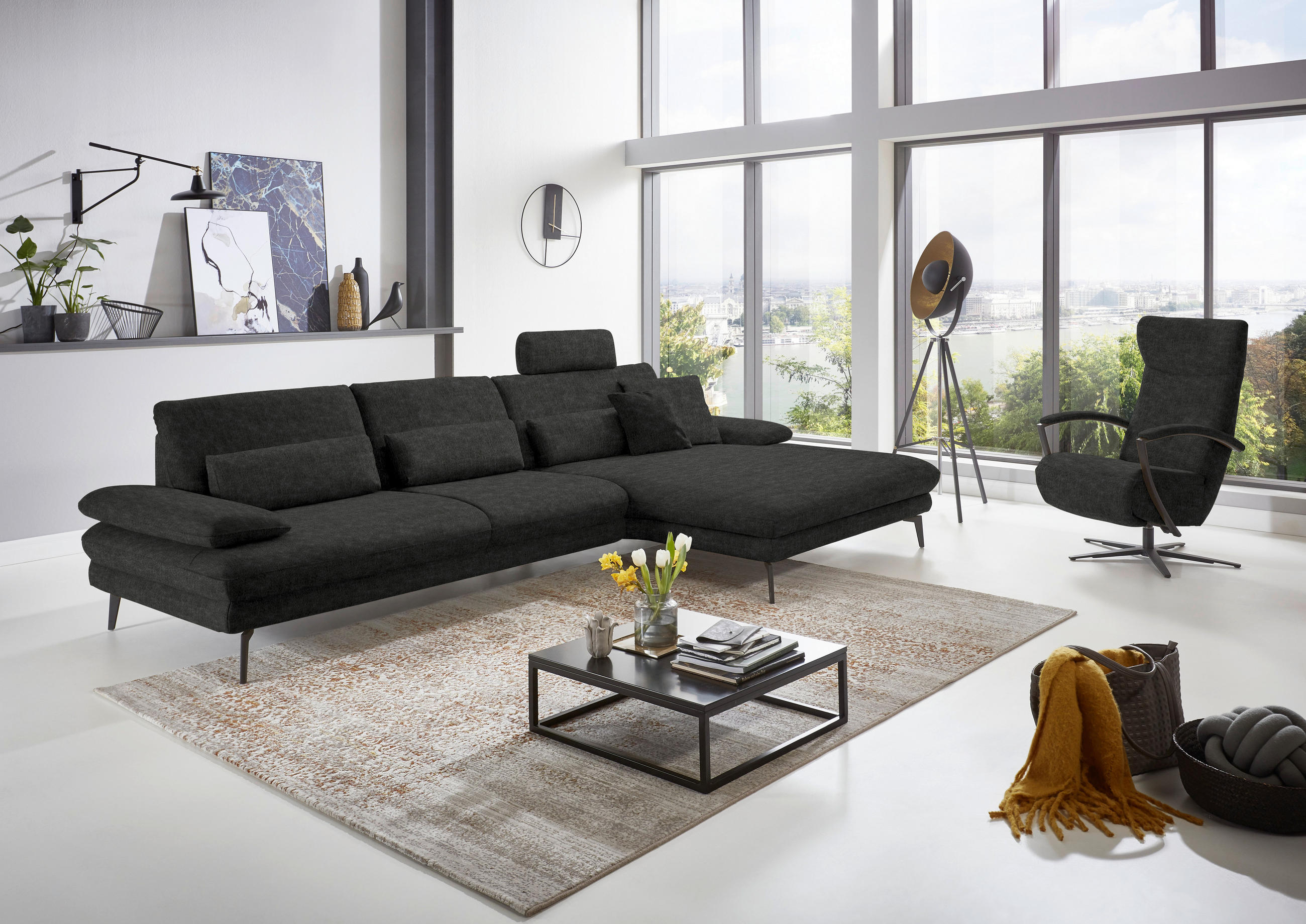 ECKSOFA in Velours Anthrazit  310/180 cm  - Anthrazit/Schwarz, Design, Textil/Metall (310/180cm) - Dieter Knoll