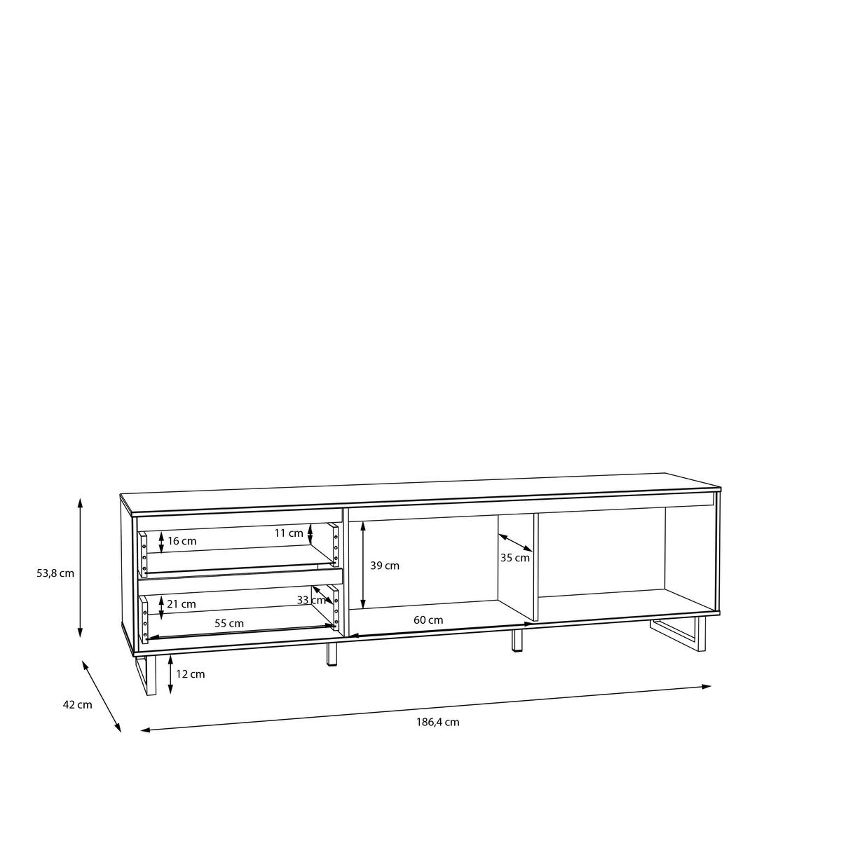 TV-ELEMENT - Eichefarben/Schwarz, KONVENTIONELL, Holzwerkstoff/Metall (186,4/53,8/42cm) - Hom`in