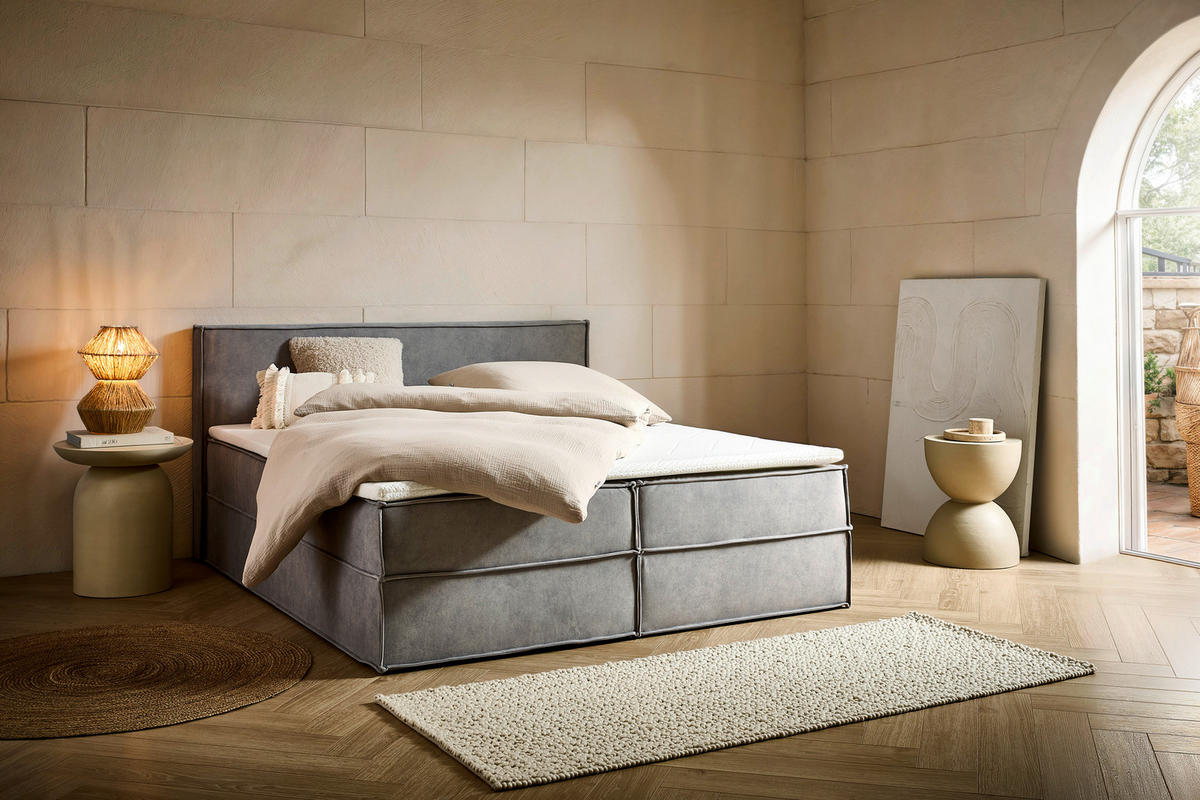 BOXBETT 160/200 cm,  in Hellgrau, Bettkasten, Topper, H3 + H3 = fest  - Hellgrau/Schwarz, Design, Kunststoff/Textil (160/200cm) - Chameo