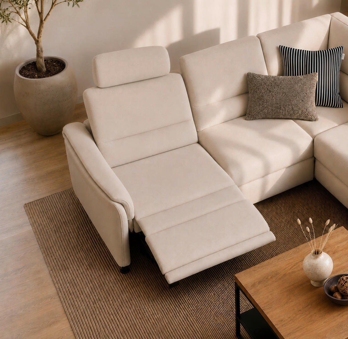 ECKSOFA Creme Chenille Rücken echt  - Creme/Schwarz, Design, Textil/Metall (227/203cm) - Beldomo System