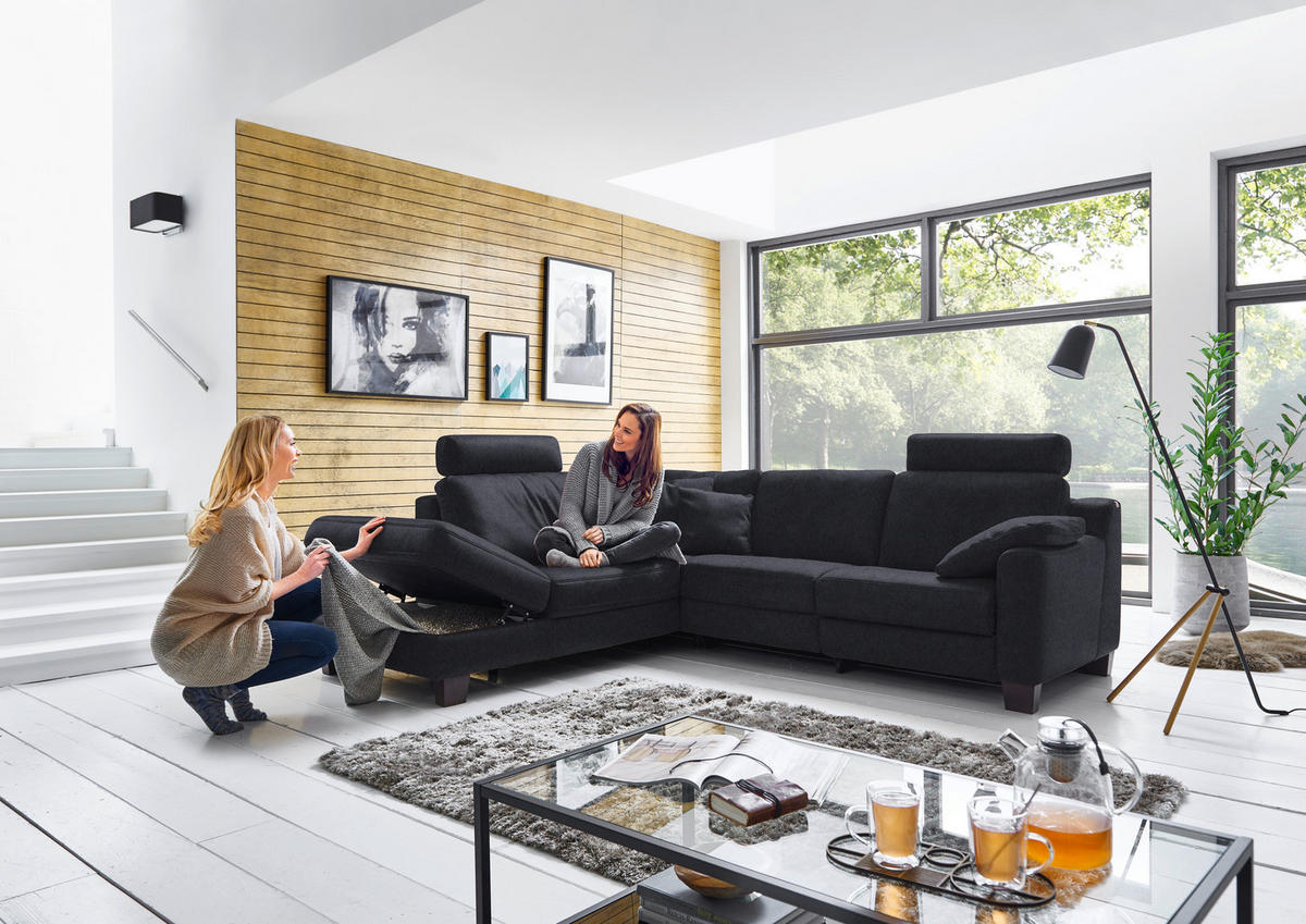 ECKSOFA in Echtleder Schwarz  - Eichefarben/Schwarz, Design, Leder/Holz (235/259cm) - Valdera