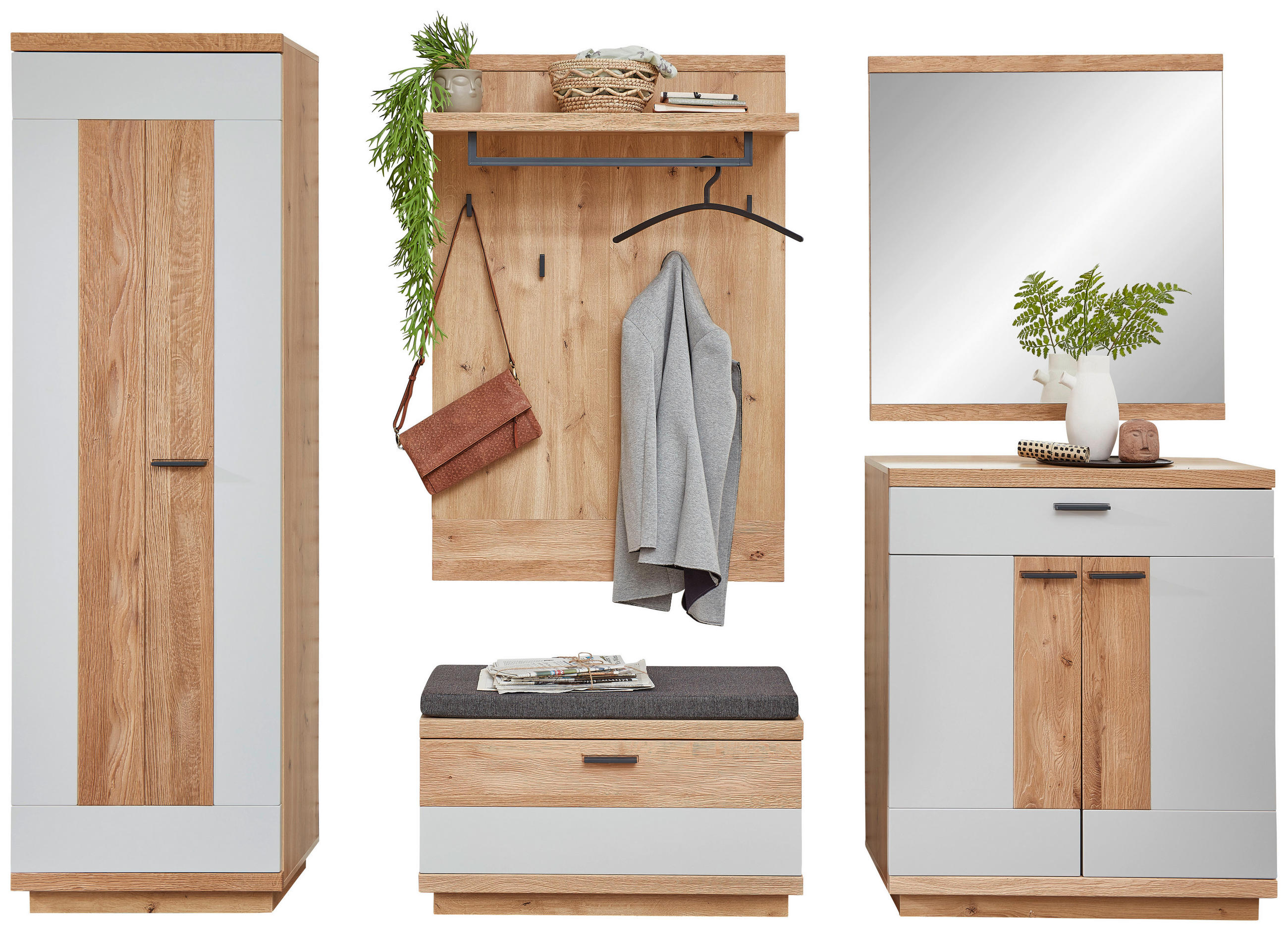 GARDEROBE 5-teilig  in 260/197/38 cm  - Wildeiche/Hellgrau, Design, Glas/Holz (260/197/38cm) - Novel