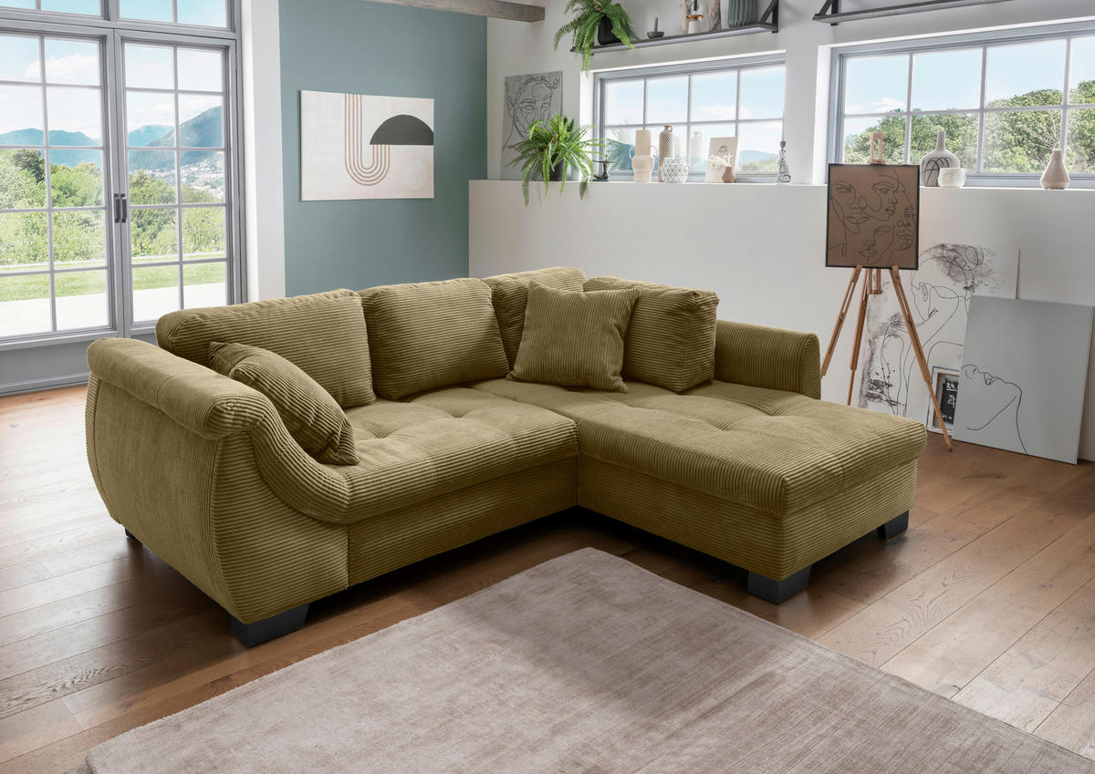 Wohnlandschaft in Cord Olivgrün  - Schwarz/Olivgrün, Design, Holz/Textil (250/190cm) - MID.YOU