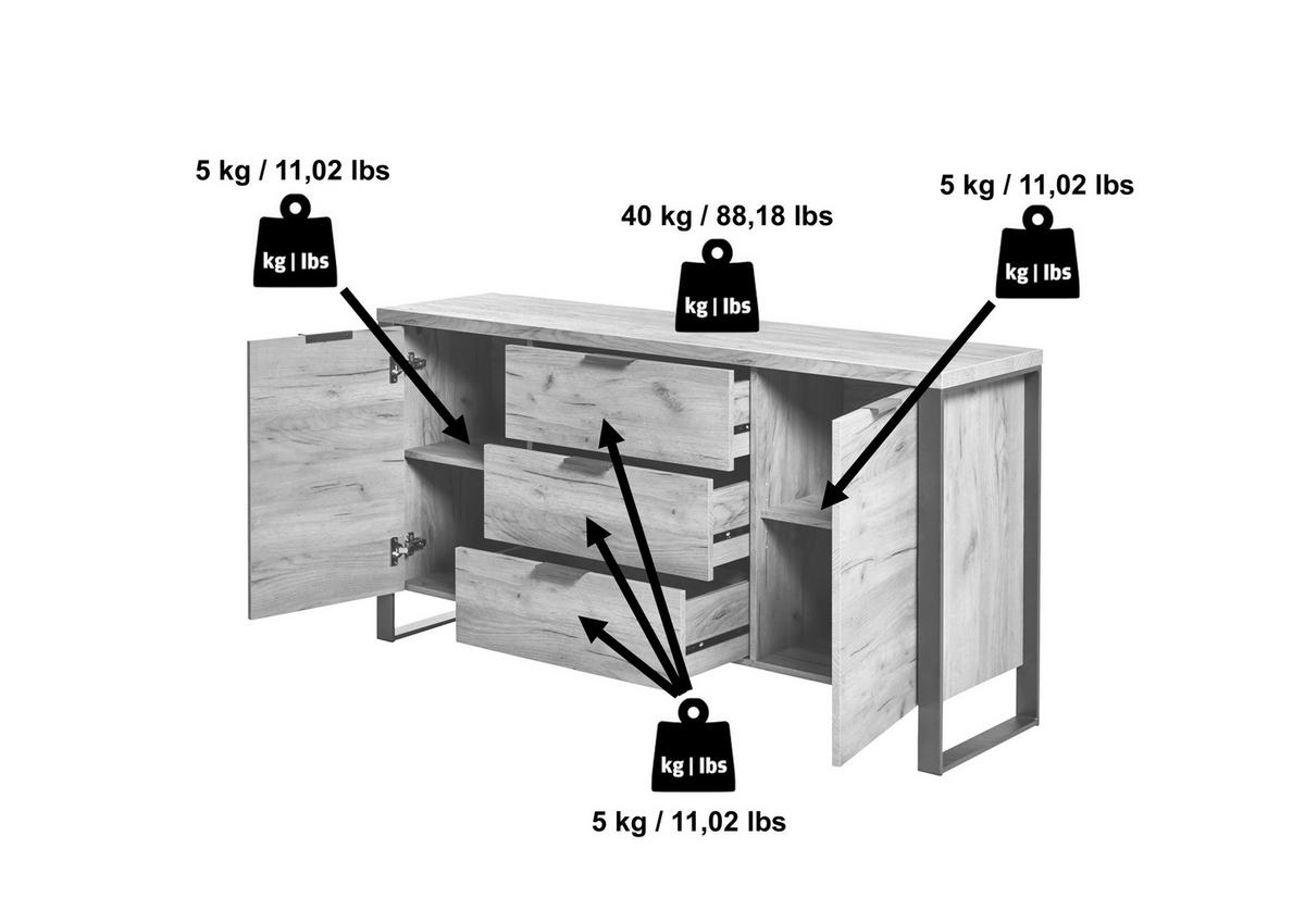 SIDEBOARD 150/76,2/39,5 cm  in Eichefarben  - Eichefarben/Anthrazit, Modern, Holzwerkstoff/Metall (150/76,2/39,5cm) - MID.YOU
