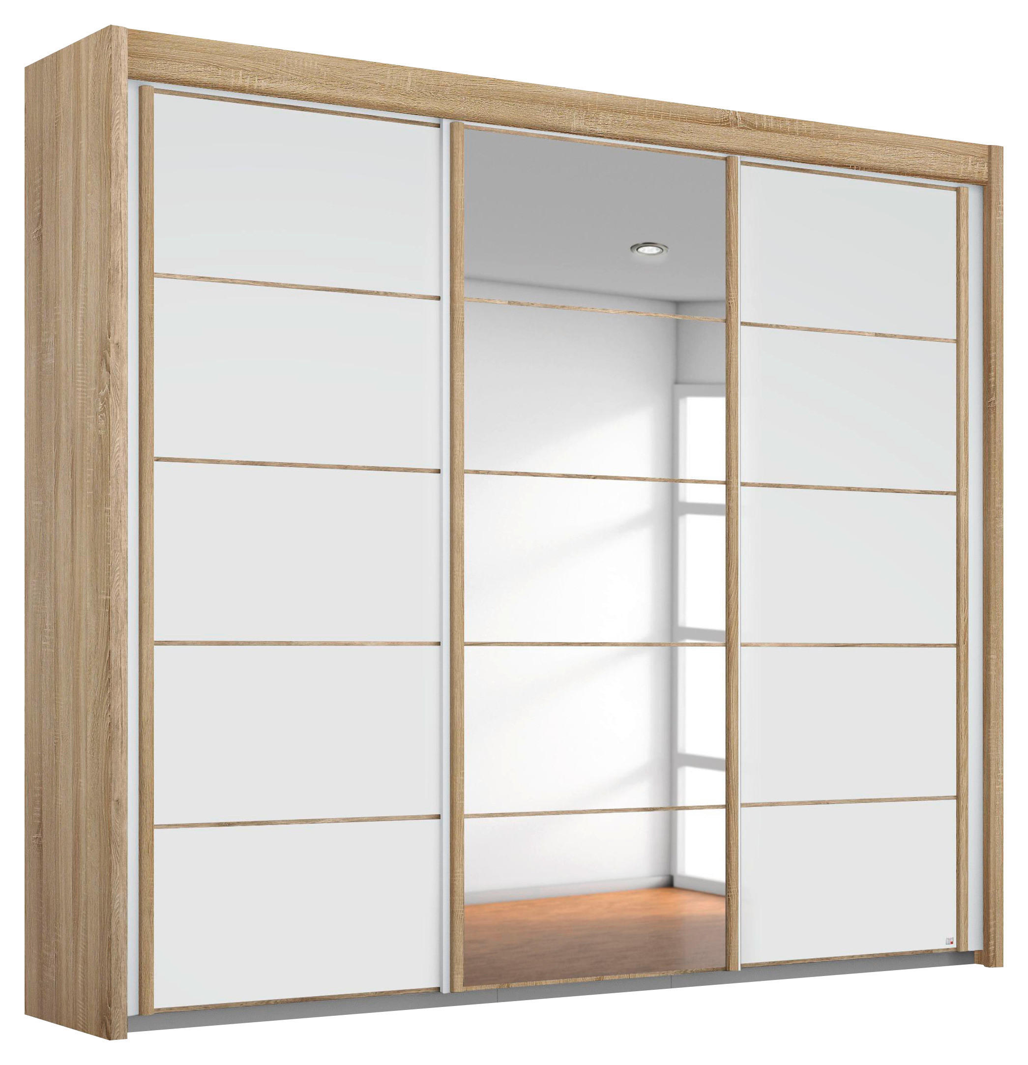 SCHWEBETÜRENSCHRANK 225/197/65 cm 3-türig - Eichefarben/Weiß, Basics, Glas/Holzwerkstoff (225/197/65cm) - Cantus