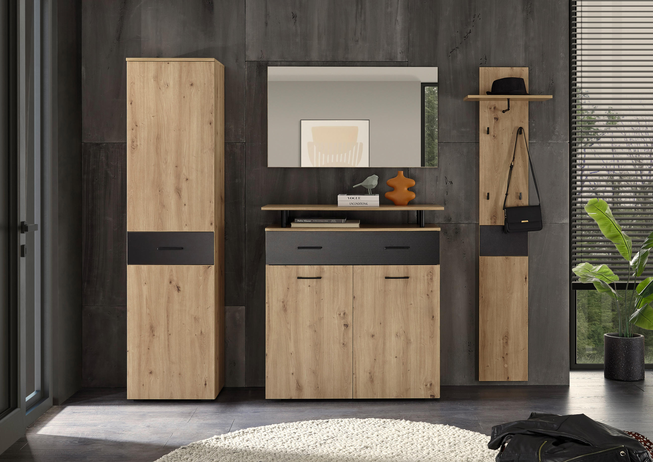 GARDEROBE 4-teilig  in 230/203/38 cm  - Schwarz/Eiche Artisan, KONVENTIONELL, Glas/Holzwerkstoff (230/203/38cm) - home24