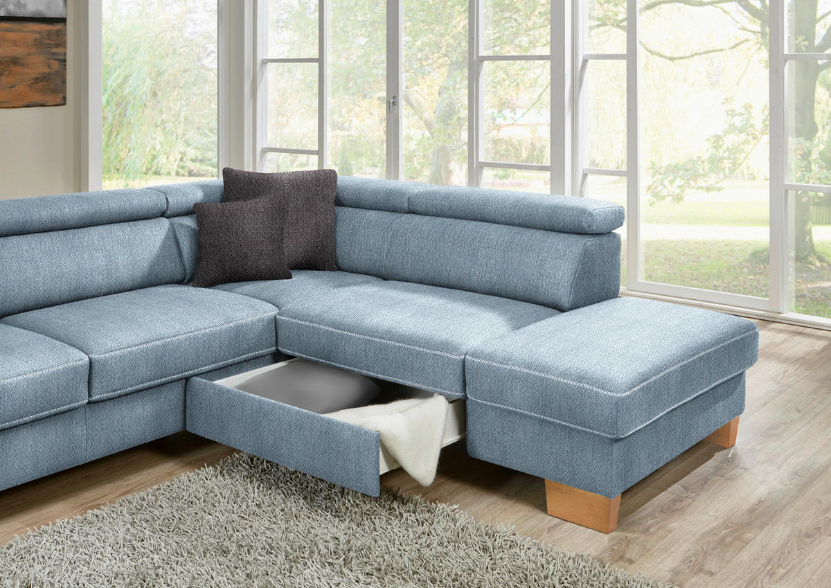 ECKSOFA in Mikrofaser Blau  226/273 cm  - Blau/Eichefarben, Natur, Holz/Textil (226/273cm) - Beldomo System