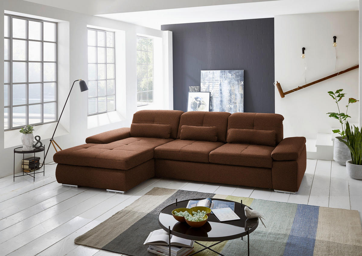 ECKSOFA  in Flachgewebe Braun  195/309 cm  - Chromfarben/Braun, Design, Textil (195/309cm) - Beldomo Style