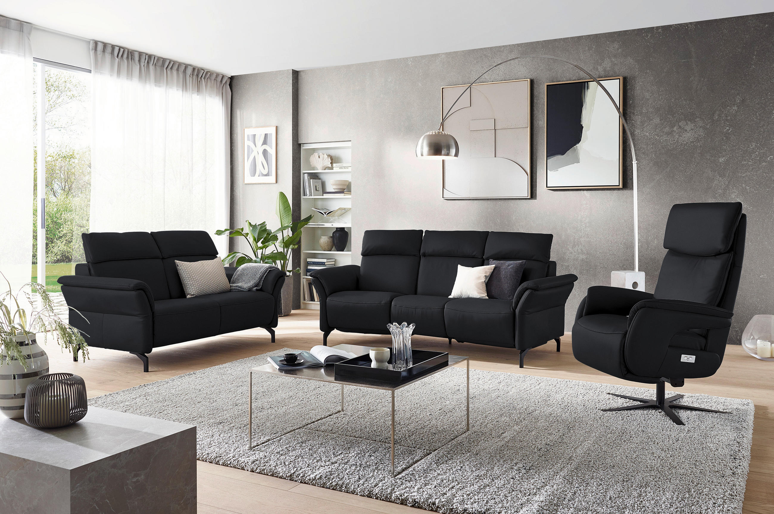 TRAPEZSOFA Echtleder Anthrazit  - Anthrazit/Schwarz, KONVENTIONELL, Leder/Metall (221/103/95cm) - Dieter Knoll
