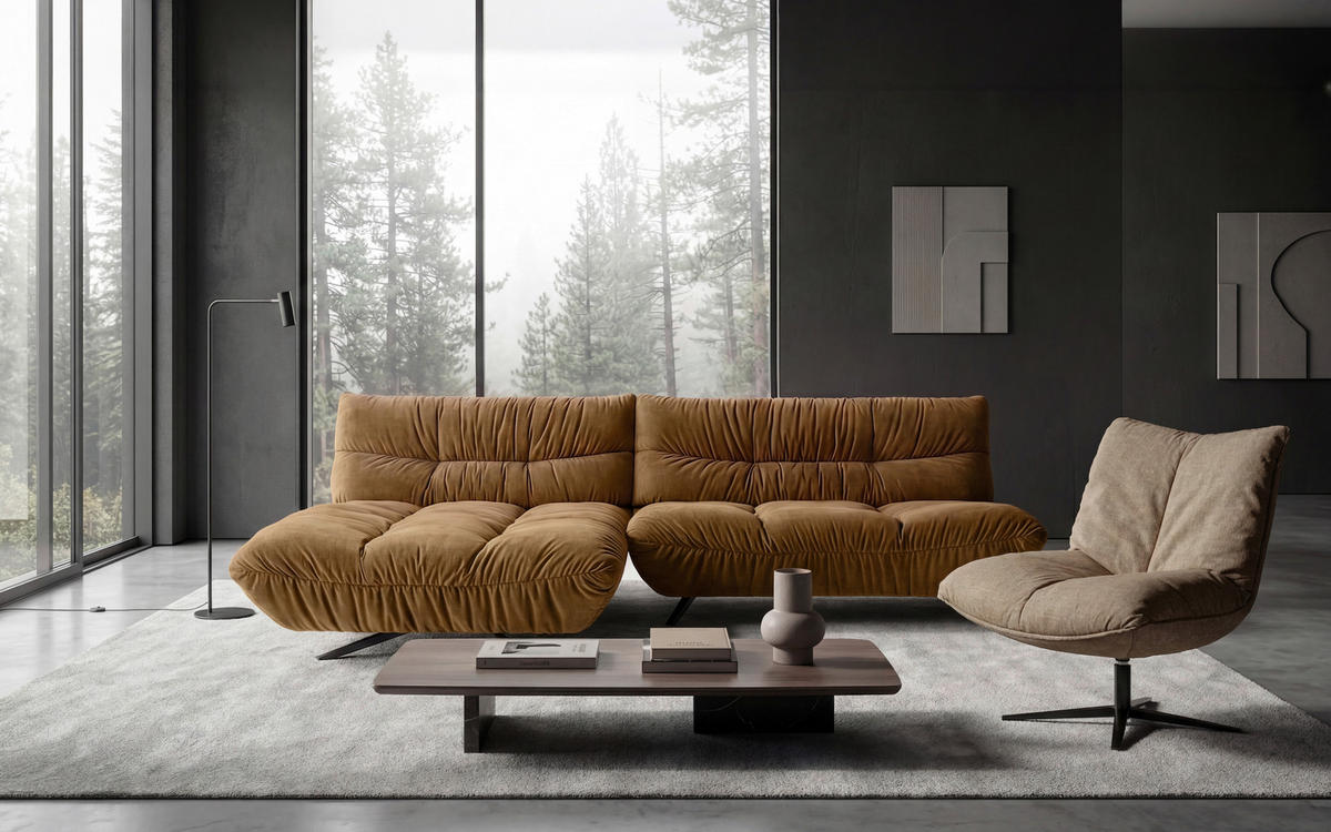 ECKSOFA Beigebraun Chenille Rücken echt, Sitztiefenverstellung  - Beigebraun/Schwarz, Design, Textil/Metall (178/295cm) - Belluti