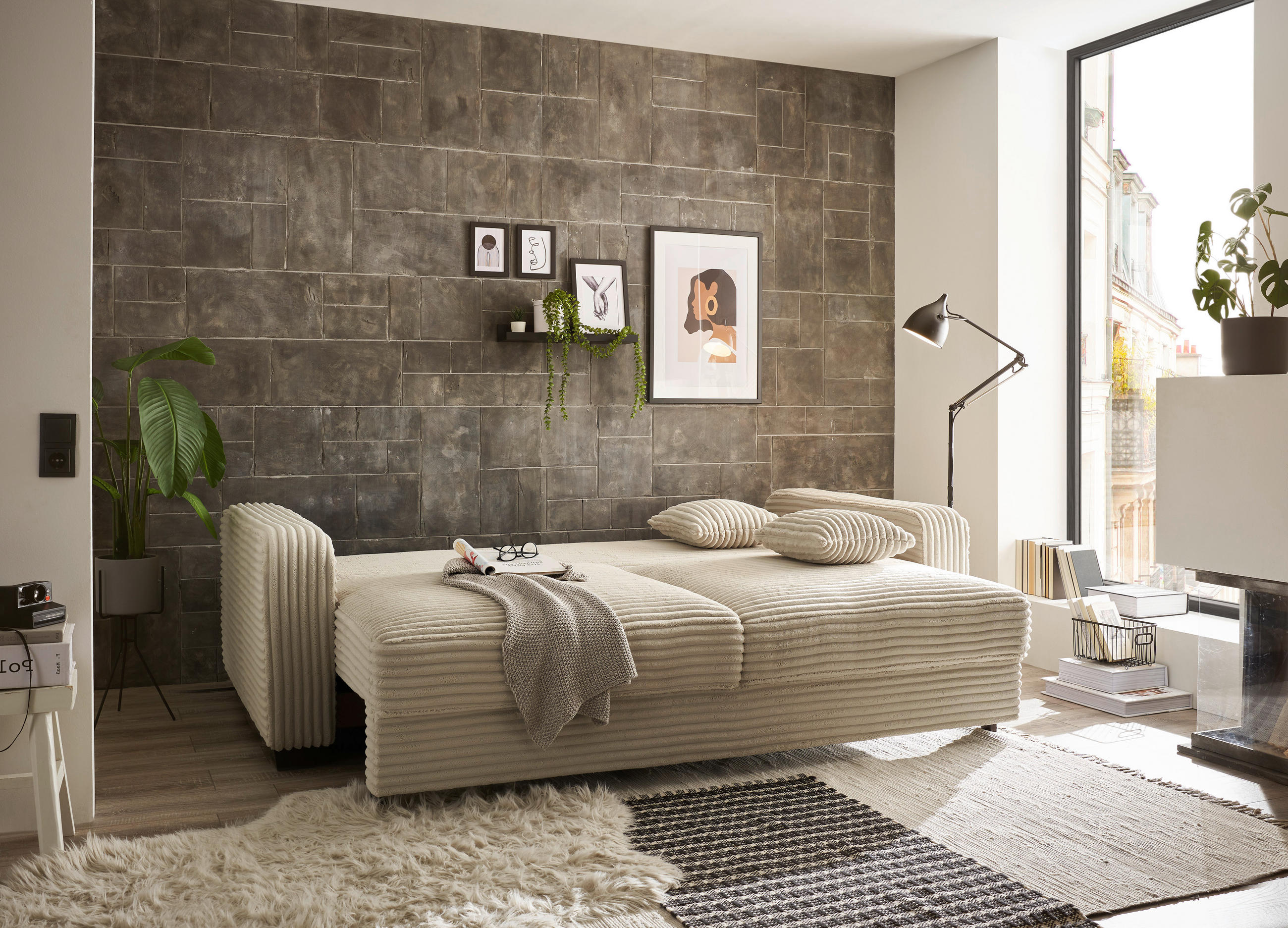 SCHLAFSOFA Cord Beige  - Beige/Schwarz, KONVENTIONELL, Kunststoff/Textil (235/89/92cm) - MID.YOU