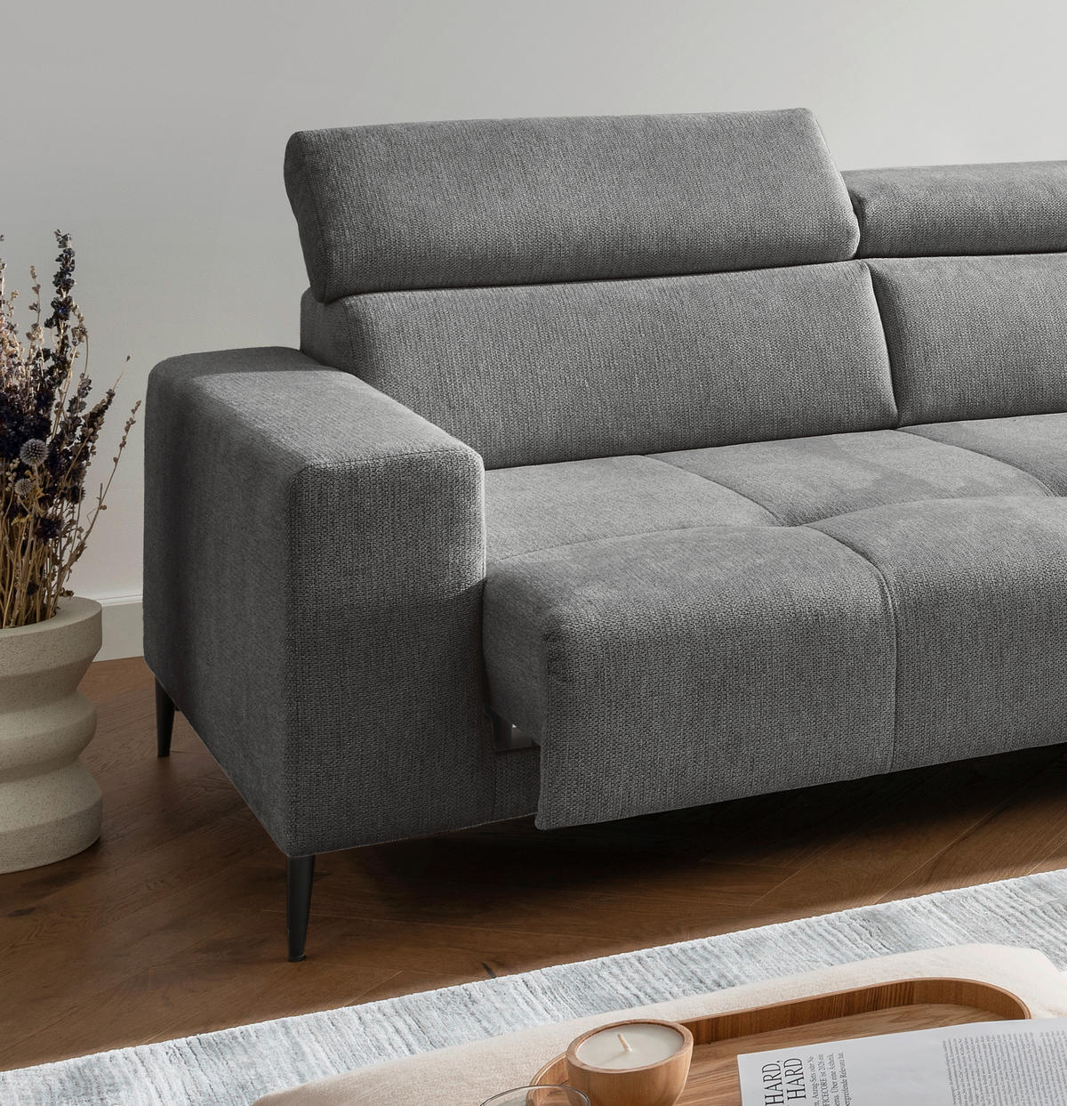 ECKSOFA INTERA Dunkelgrau Struktur Kopfteilverstellung, Sitzvorzug  - Dunkelgrau/Schwarz, KONVENTIONELL, Textil/Metall (305/225cm) - Livetastic