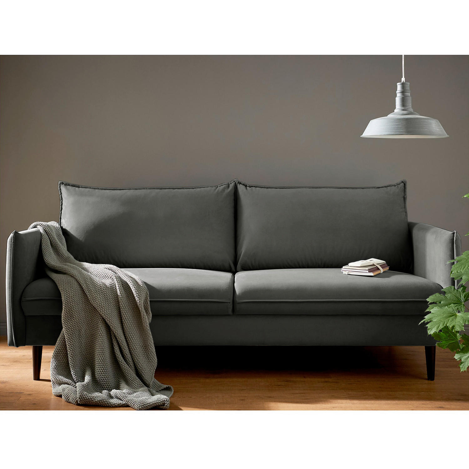 3-SITZER-SOFA JULI Samt Dunkelgrau  - Dunkelgrau/Schwarz, Design, Holz/Textil (203/86/100cm) - P & B