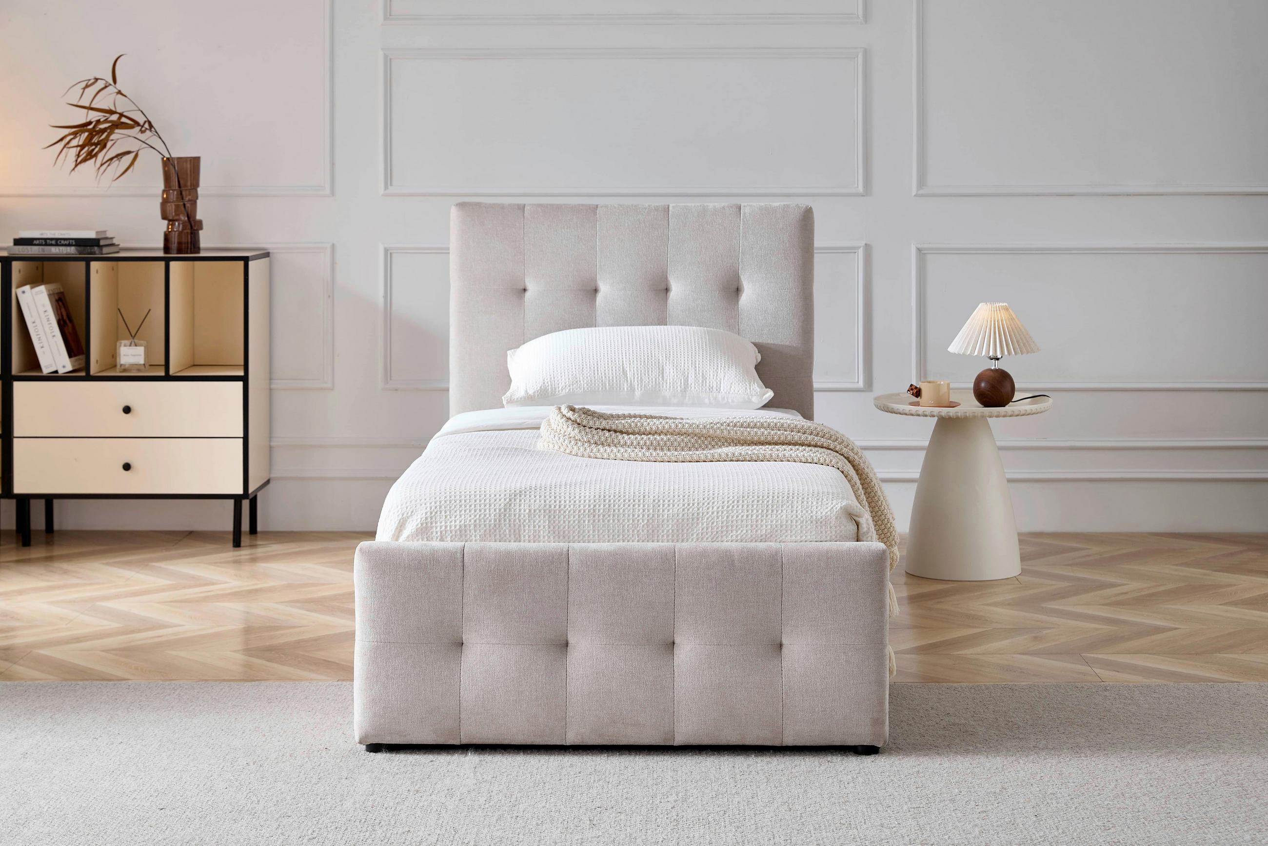 POLSTERBETT gepolstertes Kopfteil, Lattenrost, Bettkasten 90/200 cm  in Beige  - Beige/Schwarz, Design, Holz/Kunststoff (90/200cm) - Boxxx