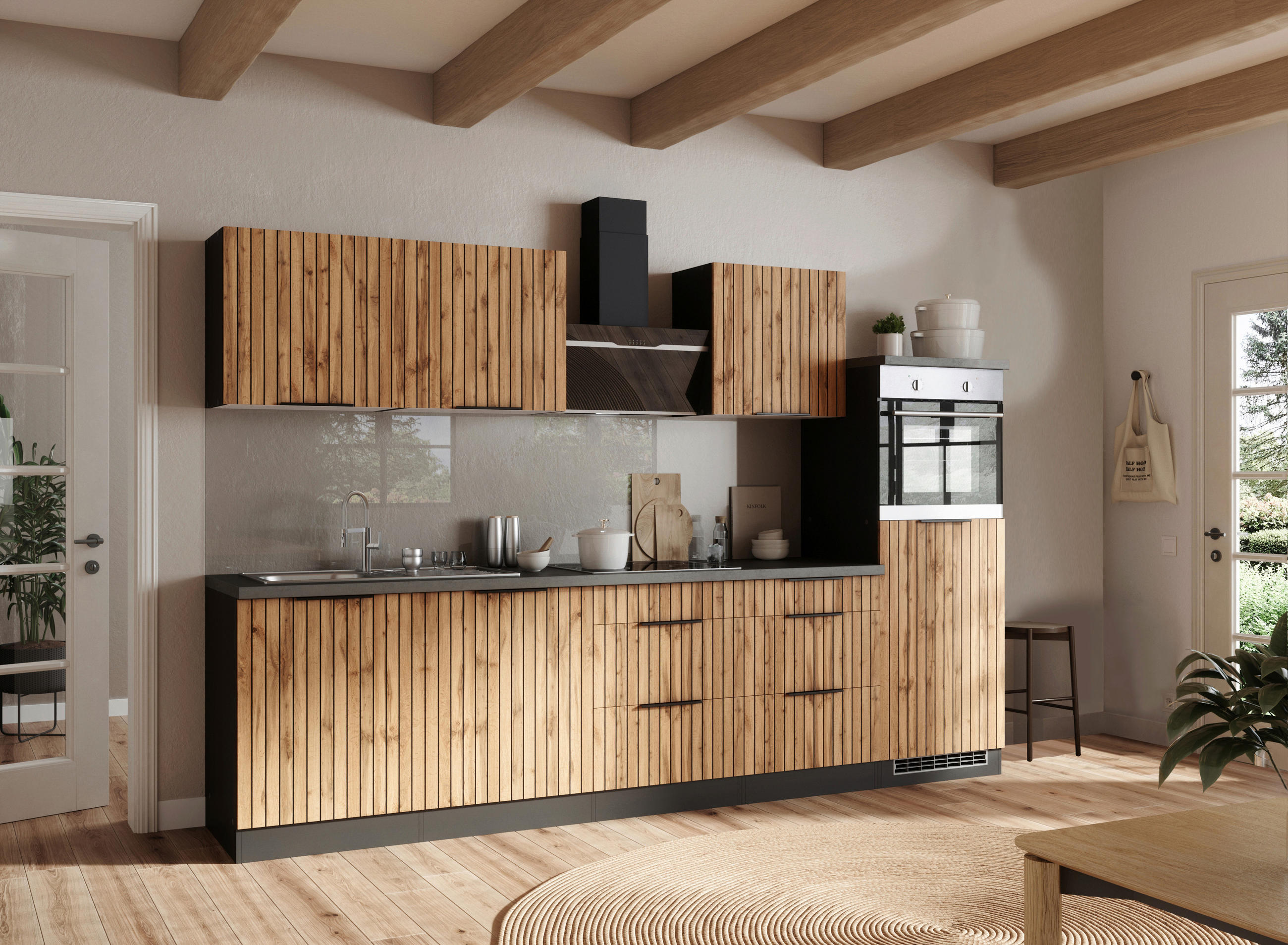 MODULKÖK UTAN VITVAROR 300 cm   i grafitfärgad, ek Wotan  - ek Wotan/grafitfärgad, Basics, metall/trämaterial (300cm) - Held