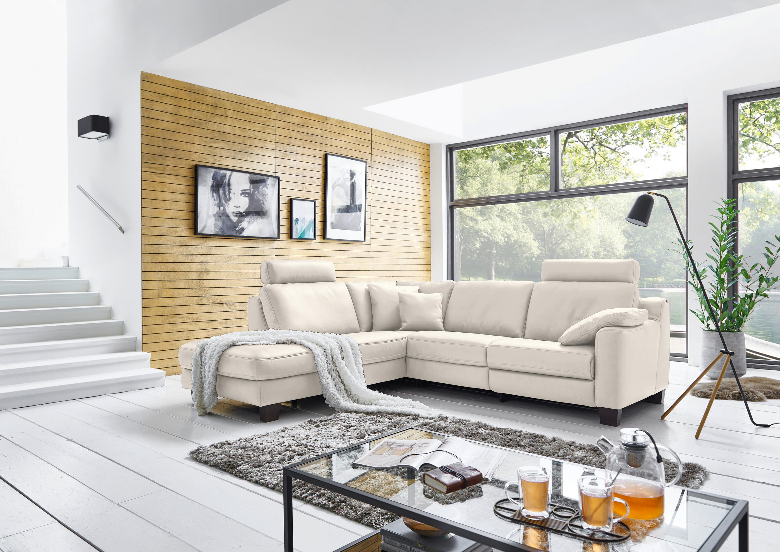 ECKSOFA in Echtleder Creme  - Eichefarben/Creme, Design, Leder/Holz (235/259cm) - Valdera