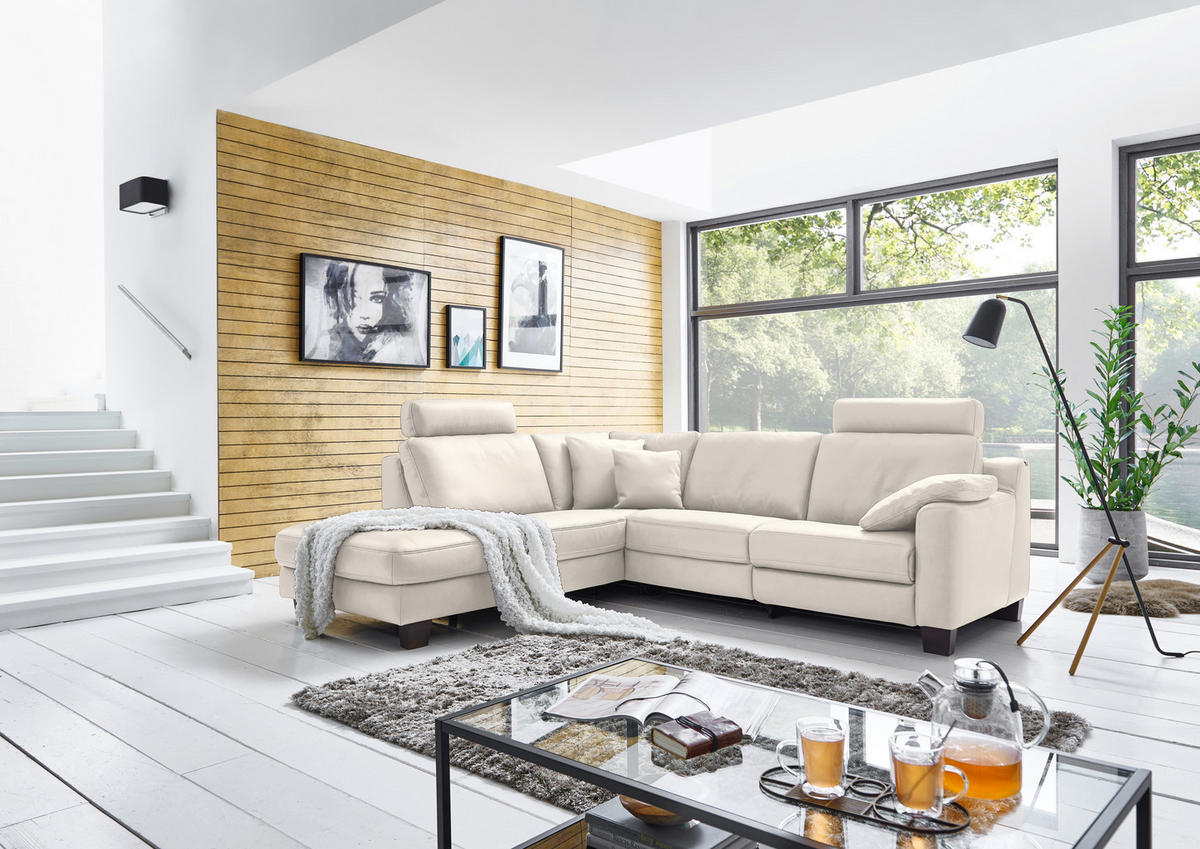 ECKSOFA in Echtleder Creme  - Eichefarben/Creme, Design, Leder/Holz (235/259cm) - Valdera