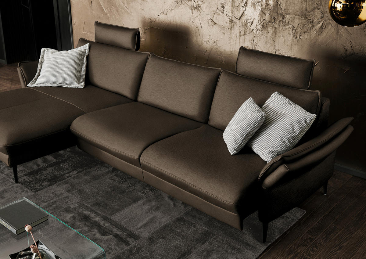 ECKSOFA in Echtleder Dunkelbraun  - Dunkelbraun/Schwarz, Design, Leder/Metall (172/334cm) - Hukla