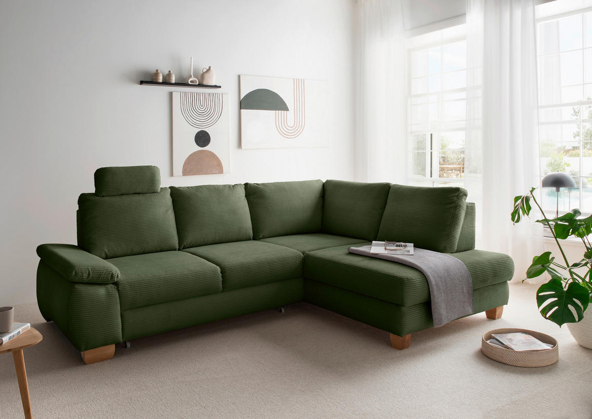 ECKSCHLAFSOFA  mit Liegefunktion, Rücken echt, Armteil links Cord Dunkelgrün  - Wildeiche/Dunkelgrün, MODERN, Holz/Textil (261/206cm) - Livetastic