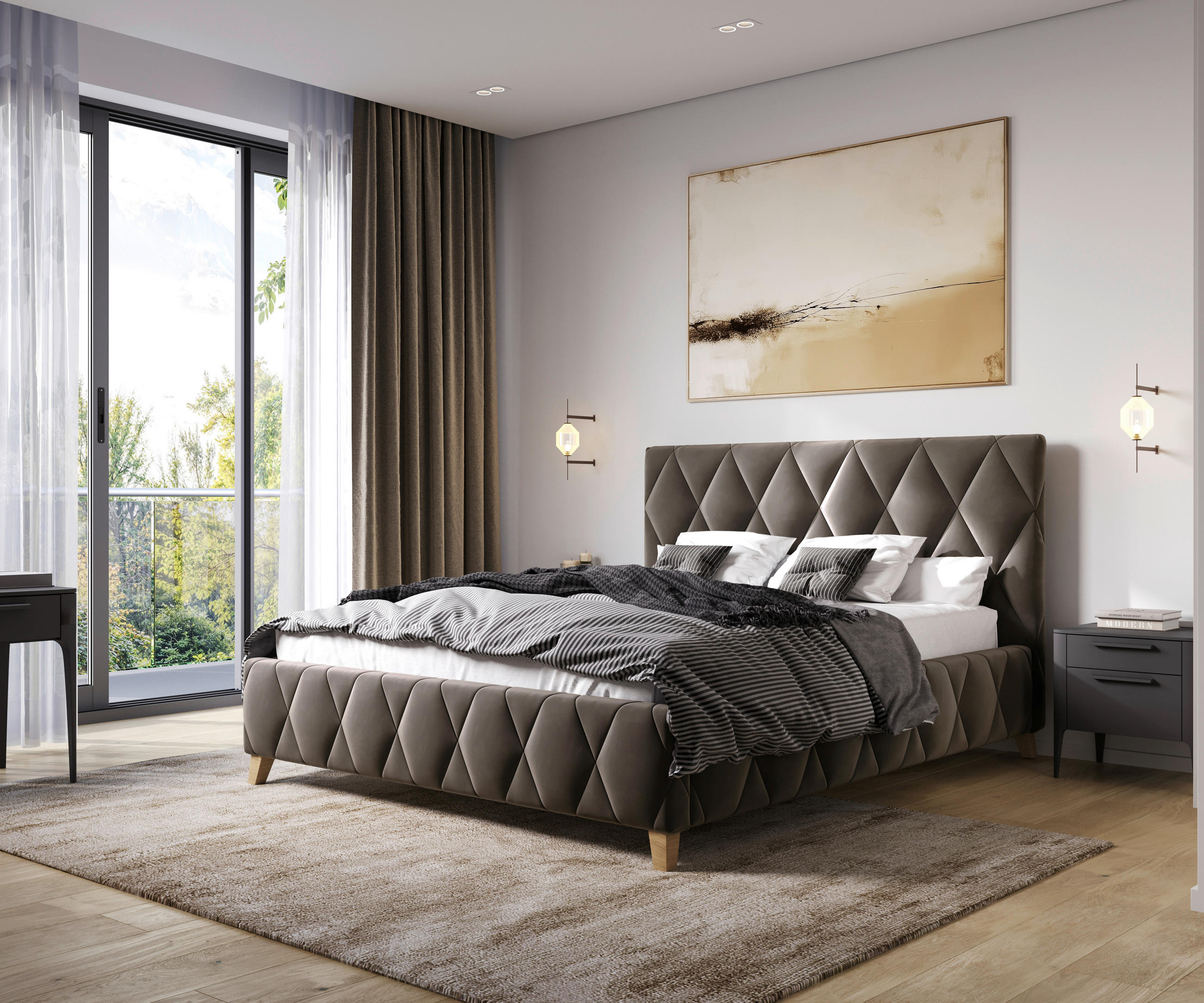 POLSTERBETT 180/200 cm,  in Schlammfarben, gepolstertes Kopfteil, Lattenrost, Bettkasten,  - Schlammfarben, MODERN, Holz/Textil (180/200cm) - MID.YOU