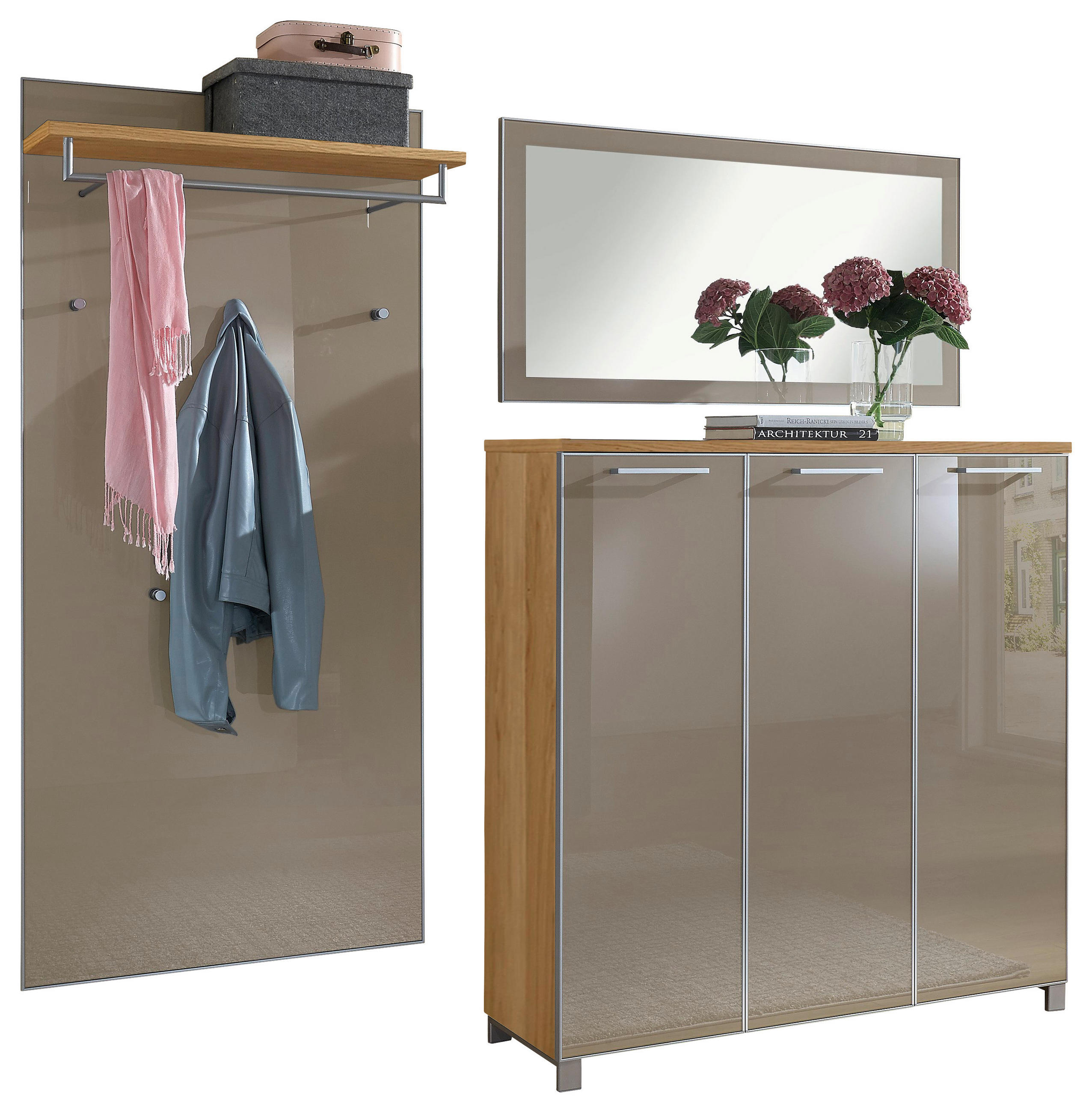 GARDEROBE Taupe, Eichefarben - Taupe/Eichefarben, Design, Glas/Holz (215/195/37cm)