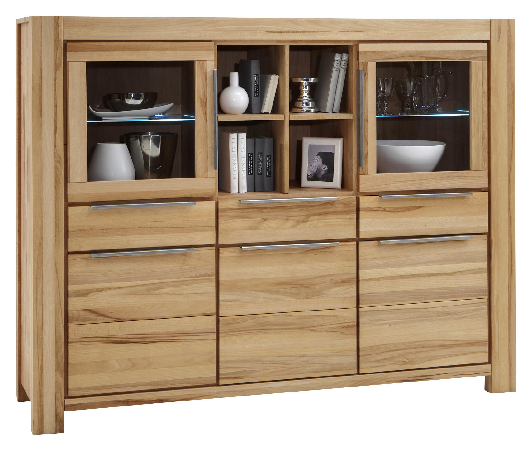 HIGHBOARD Kernbuche massiv Kernbuche - Edelstahlfarben/Buchefarben, LIFESTYLE, Glas/Holz (175/140/45cm) - Carryhome