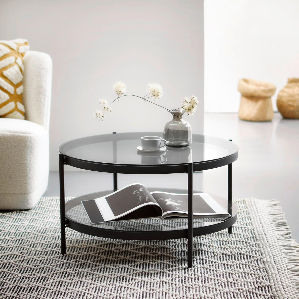 COUCHTISCH Rauchglas 75/75/42 cm rund Schwarz  - Schwarz, KONVENTIONELL, Glas/Metall (75/75/42cm) - MID.YOU