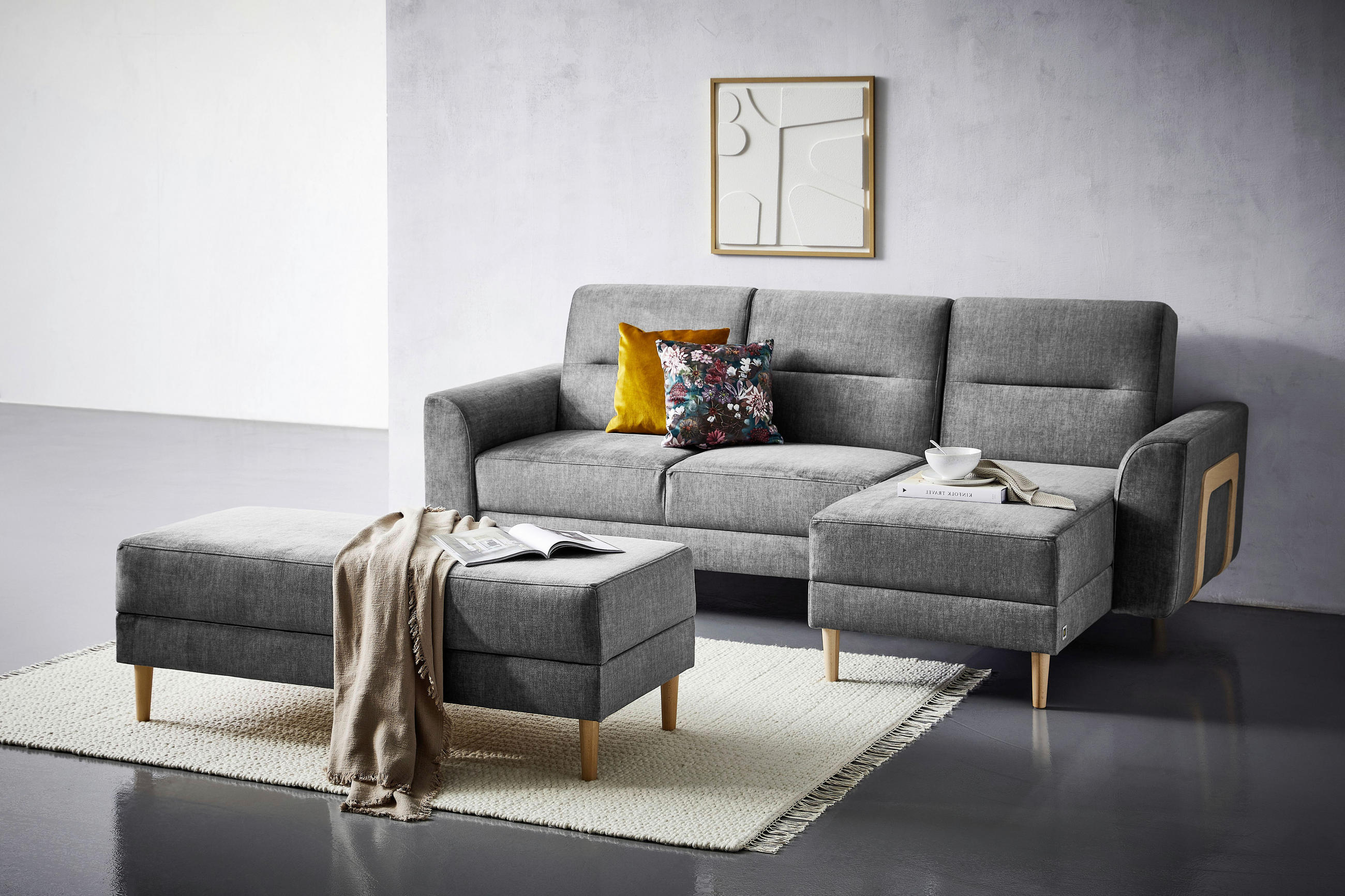 ECKSOFA in Velours Anthrazit  - Currygelb/Anthrazit, Modern, Holz/Textil (144/240cm) - Max Winzer