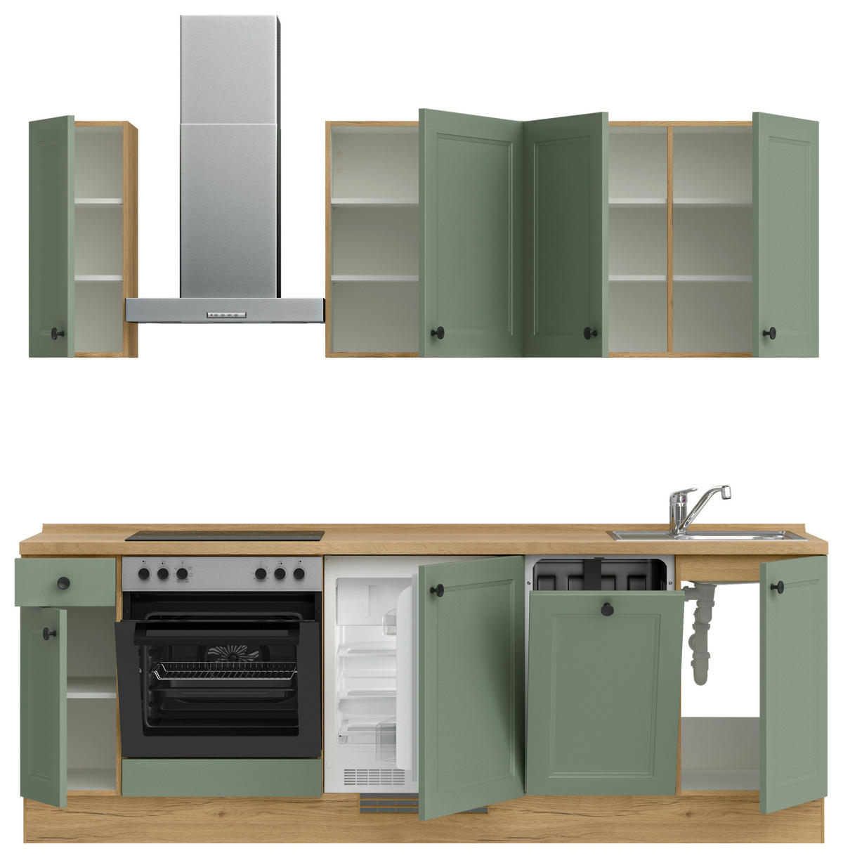 KÜCHENBLOCK Cascada 240 cm  in Grün, Eichefarben  - Eichefarben/Schwarz, MODERN, Holzwerkstoff/Metall (240cm) - Nobilia