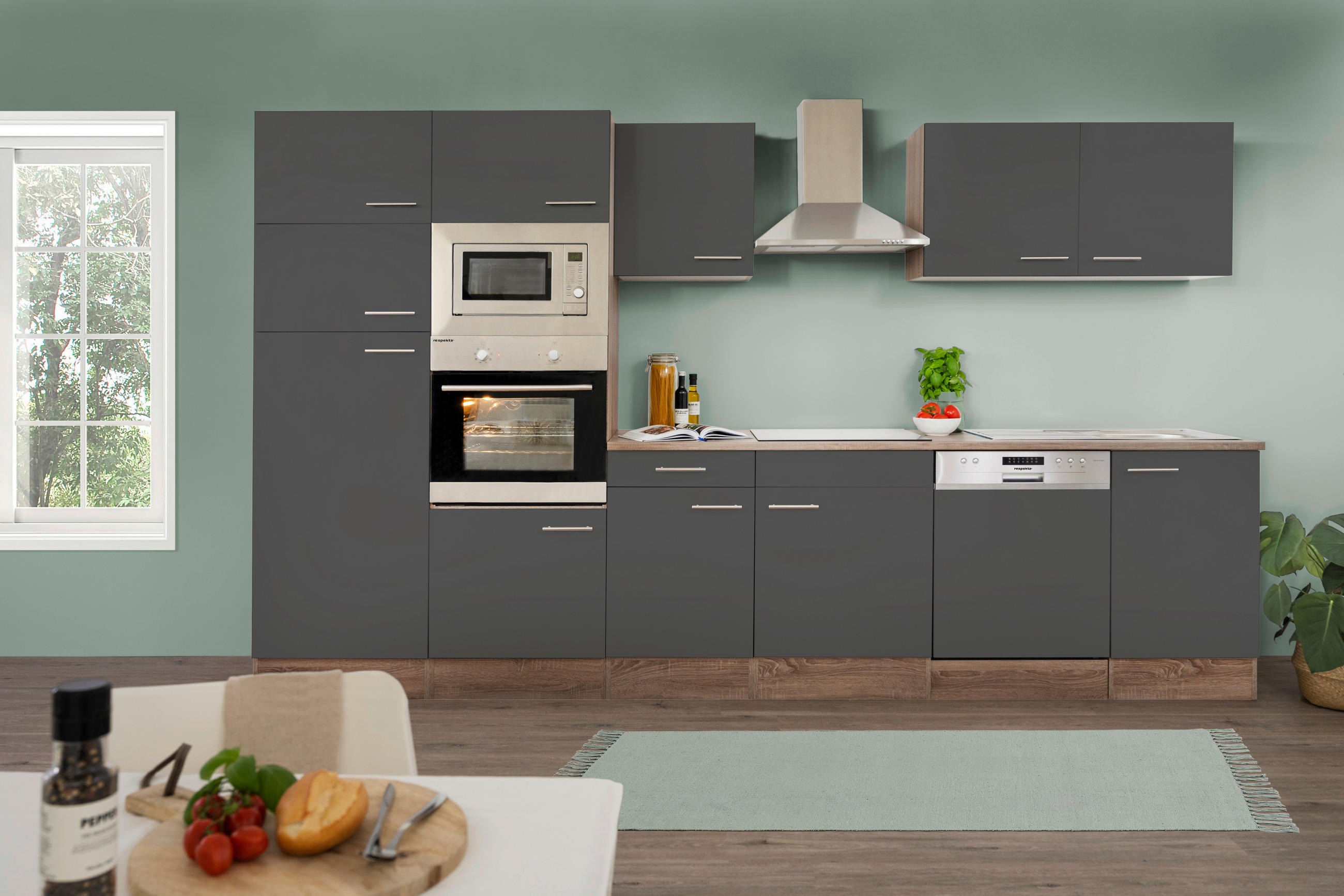 KÜCHENBLOCK 340 cm   in Grau, Eichefarben  - Eichefarben/Grau, MODERN, Holzwerkstoff (340cm) - Respekta