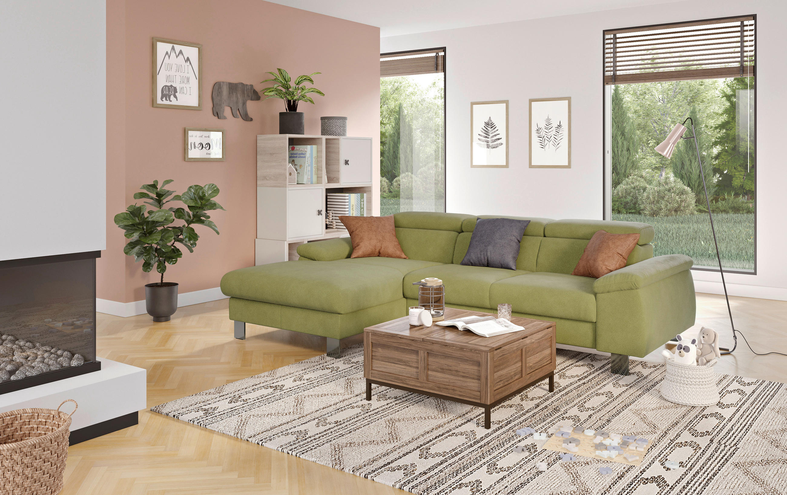 ECKSOFA in Flachgewebe Grün  - Chromfarben/Grün, Design, Textil/Metall (166/244cm) - Livetastic