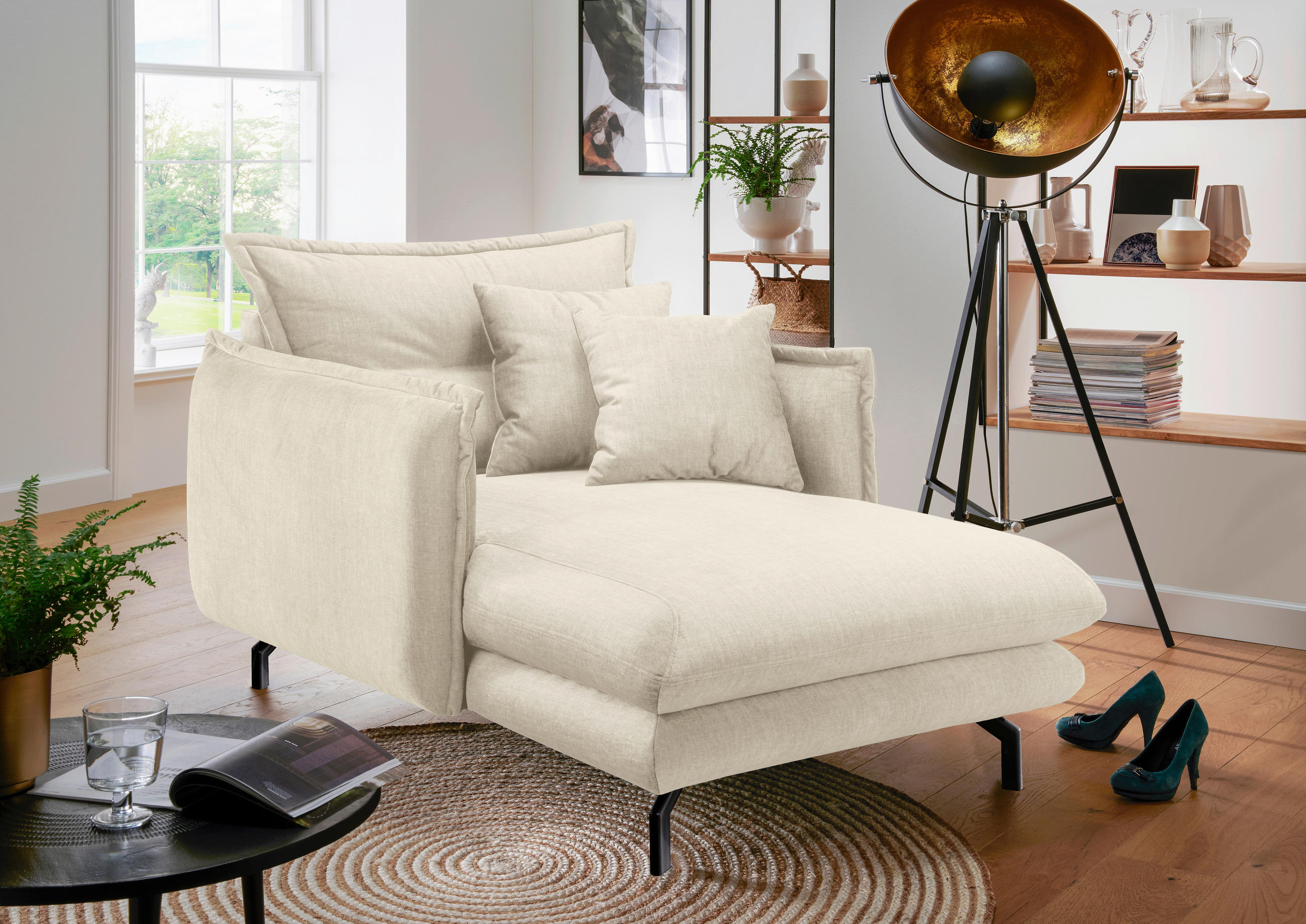 XXL-SESSEL Velours Beige    - Beige/Schwarz, MODERN, Textil/Metall (111/101/167cm) - Livetastic