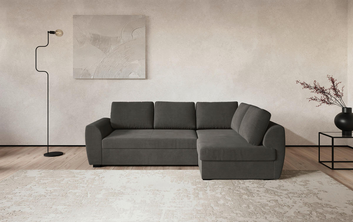 ECKSOFA Anthrazit Cord Zierkissen, Bettkasten  - Anthrazit/Schwarz, Trend, Kunststoff/Textil (253/154cm) - MID.YOU