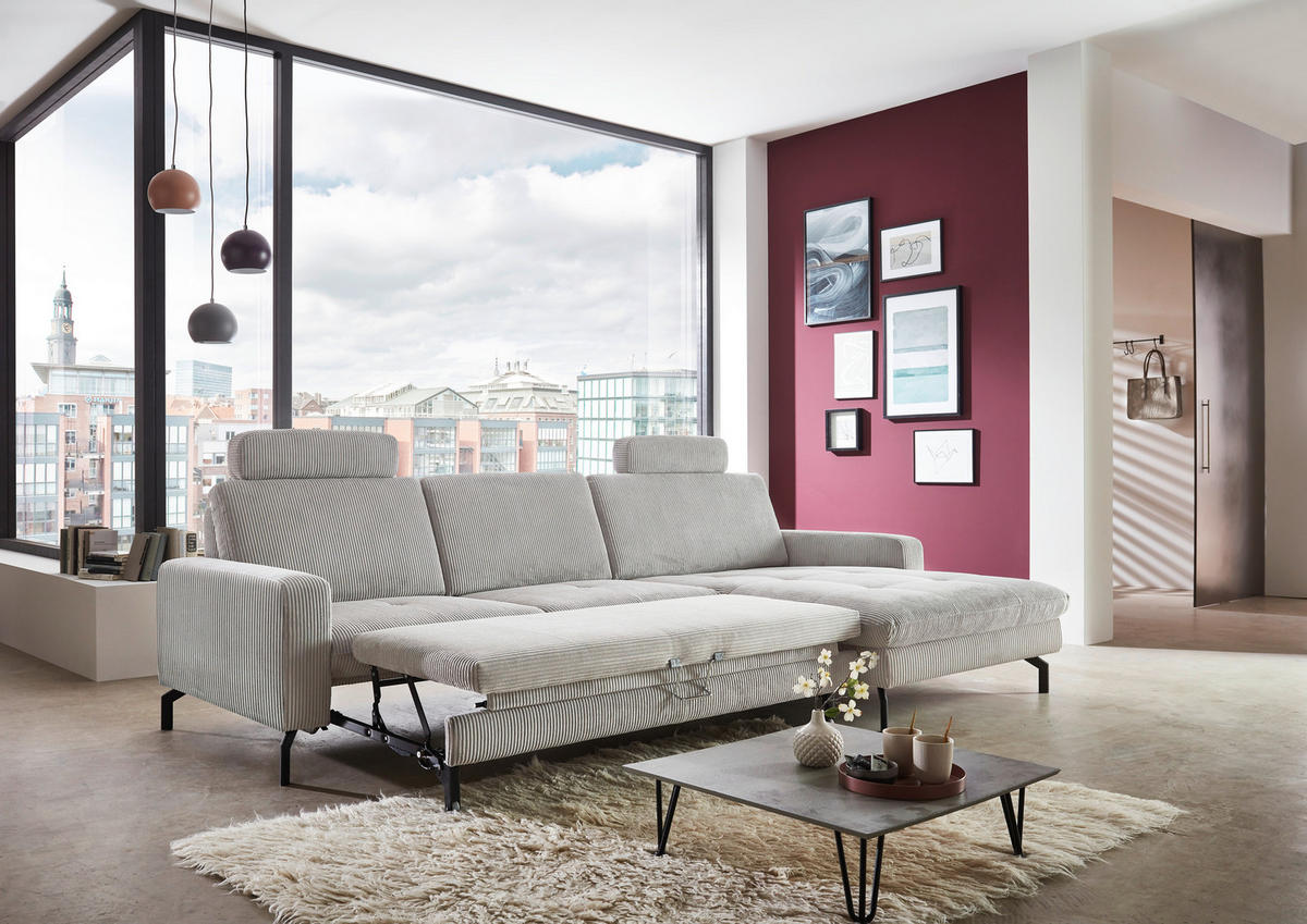 ECKSOFA in Cord Grau  - Schwarz/Grau, Design, Textil/Metall (302/178cm) - Beldomo Style